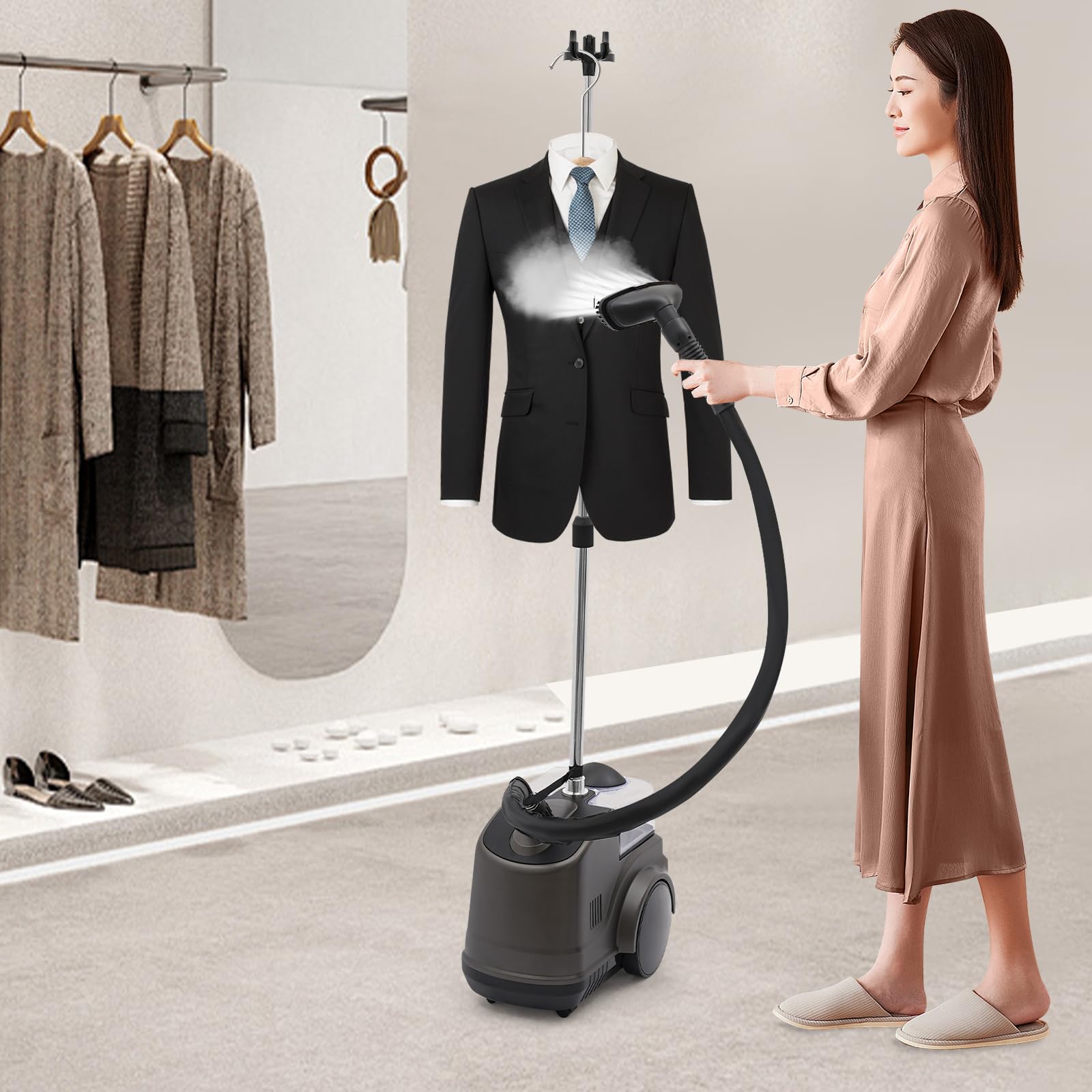 Steamer for Clothes, Standing Garment Steamer with 3L Water Tank, 45 Second Heatup, 1500W Adjustable Clothes Steamer Fabric Steamer with Roll Wheels for Easy Movement, Support Bar Height 68