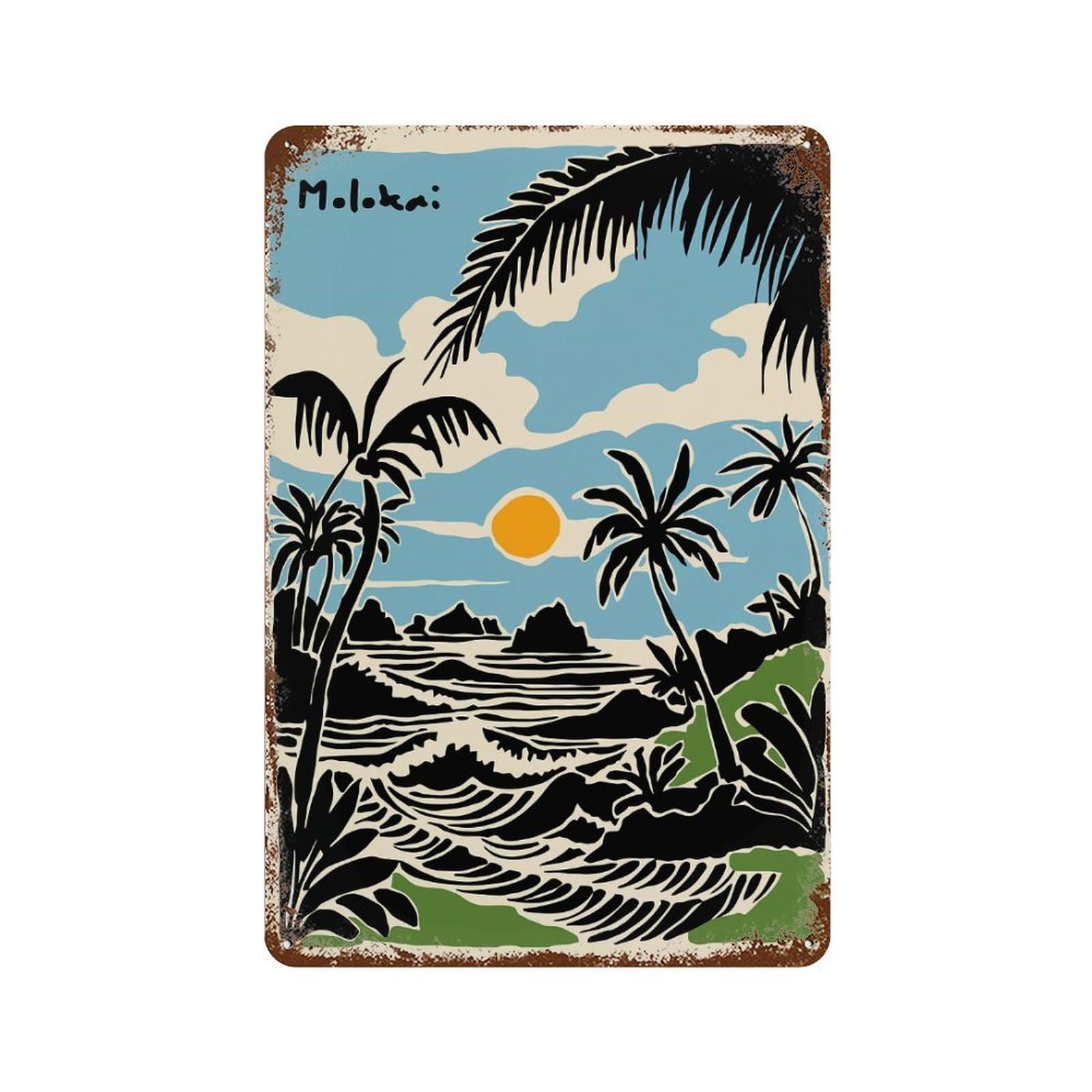 Molokai Island Beach Scene Illustration Vintage Rust Metal Sign 11.8"x7.9", Shabby Chic Decor for Living Room, Hallway And Home Decor