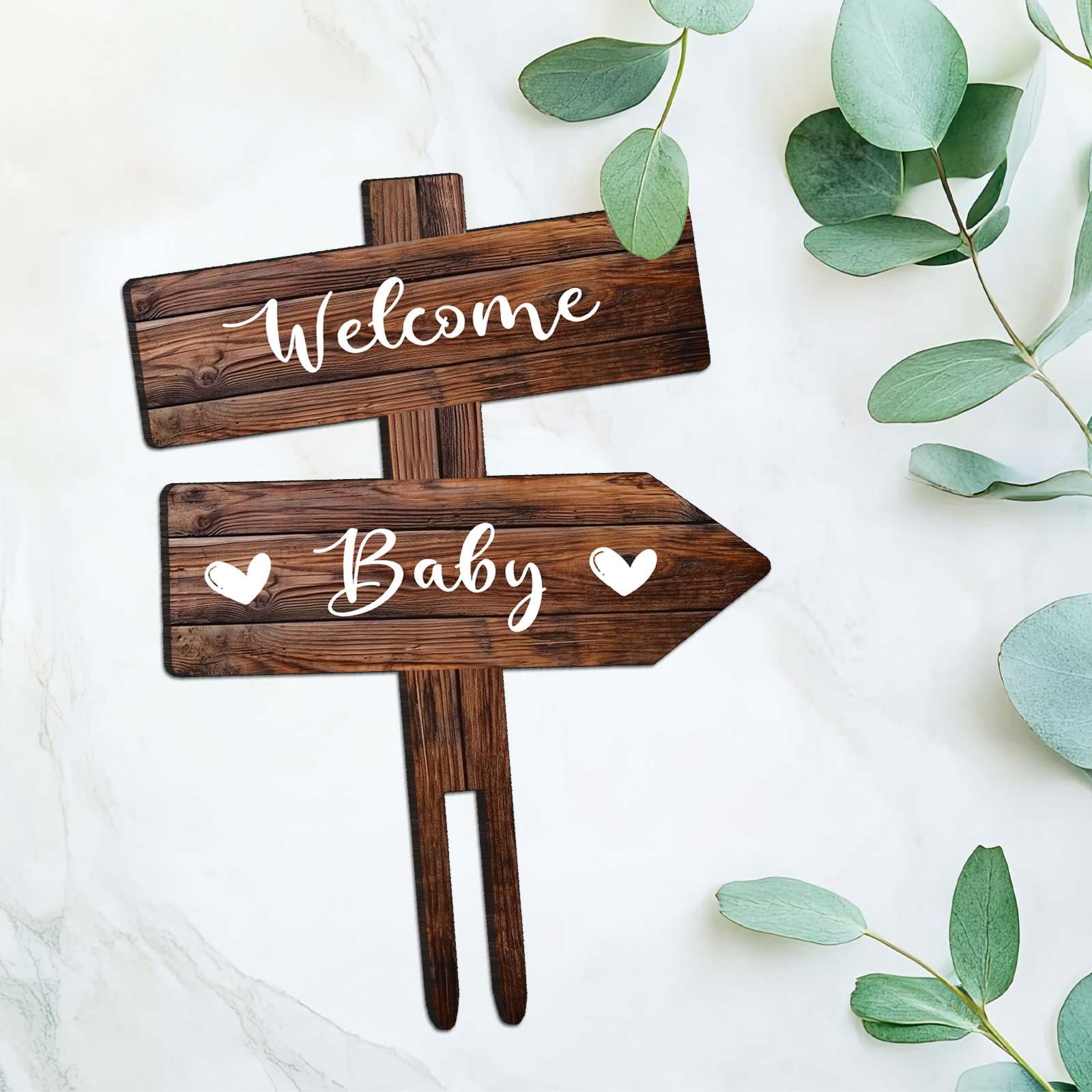Rustic Welcome Baby Cake Topper in Wood Boy and Girl Announcement Neutral Wooden Cake Decoration for Baby Shower Gender Reveal Party Decorations - Image 2