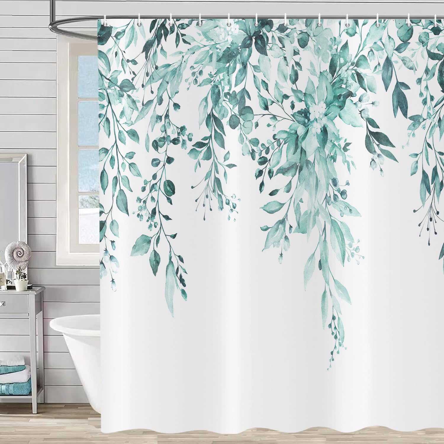 ASDCXZ Teal Eucalyptus Shower Curtain 200x180 cm, Spring Watercolor Eucalyptus Leaves Floral Plants Waterproof Bath Curtain Polyester Textile Washable Shower Curtains for Bathtub with 14 Hooks