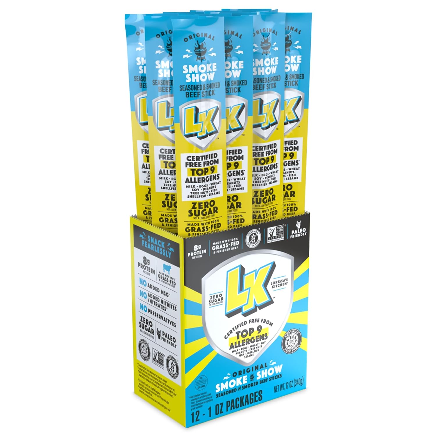 Lorissa's Kitchen Smoke Show Grass-Fed Smoked Beef Sticks 12-Pack 1oz - Zero Sugar, Allergen-Free High-Protein Snacks