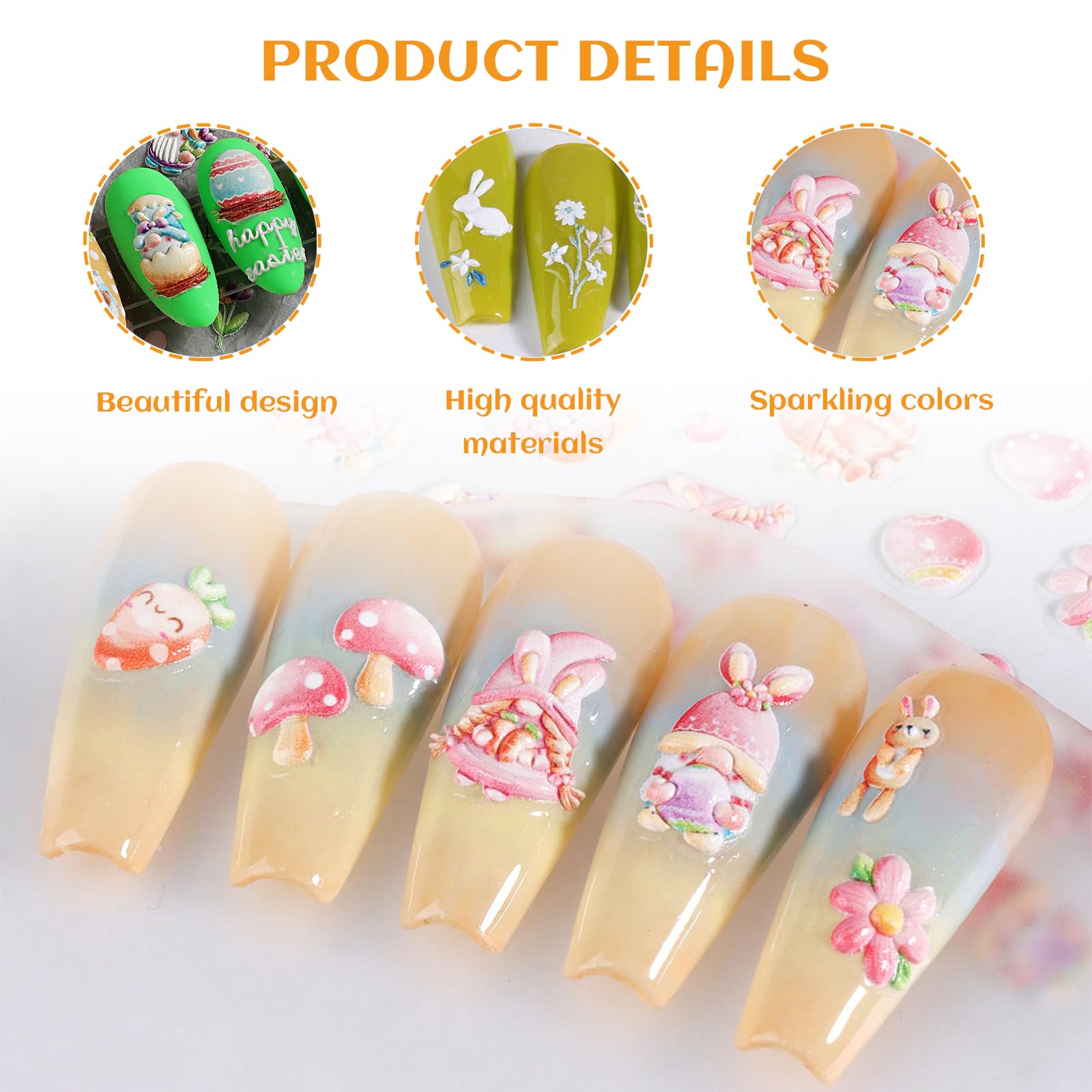 Kabwea 3 Pieces 5D Embossed Easter Nail Art Stickers, Nail Stickers Easter, Nail Stickers, Nail Art, Multi-colored, XL - Image 3