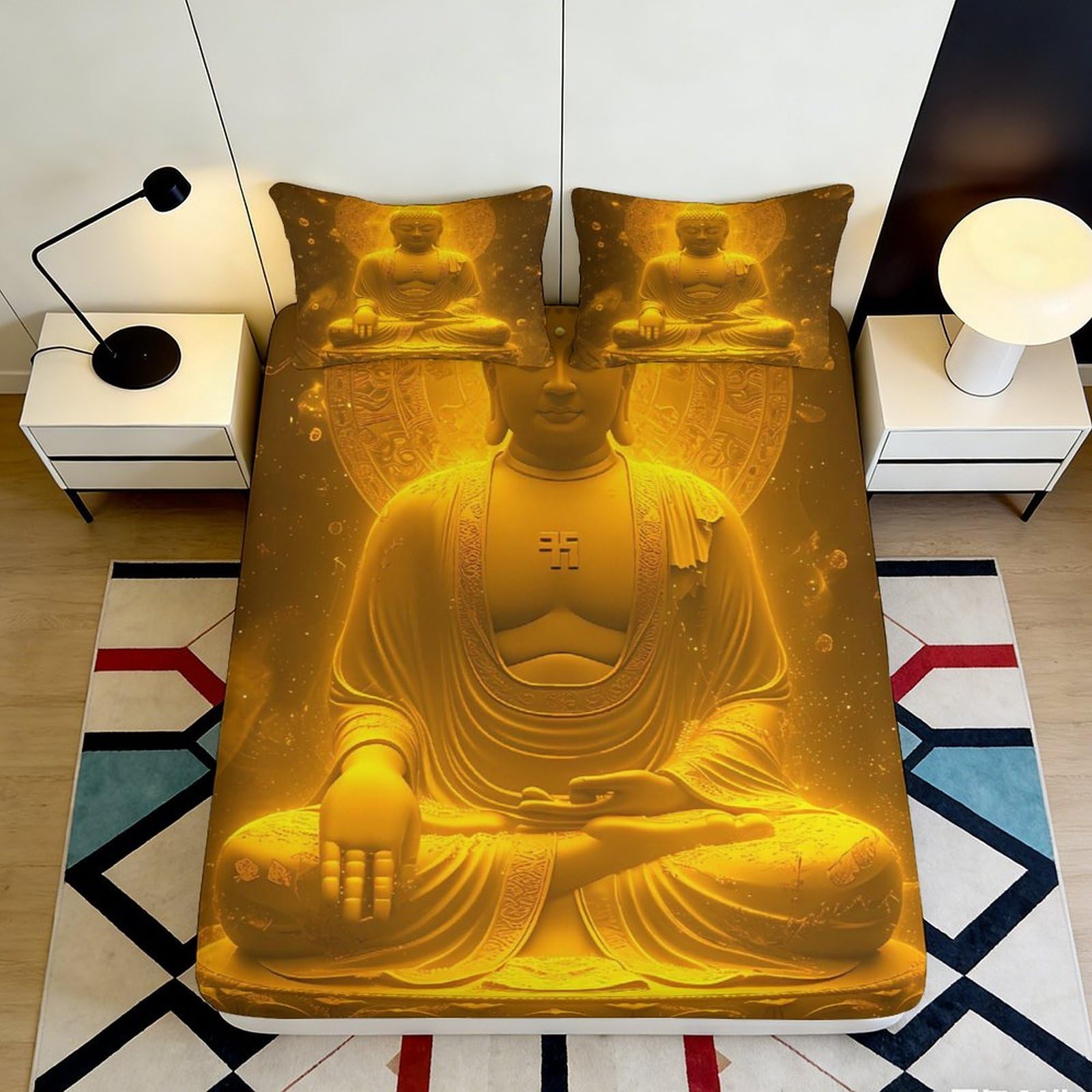 3D Printed Golden Buddha Fitted Sheet Microfiber Anti-Slip Artistic Bed Cover for Bedroom Guest Room Decor 90x200x25cm