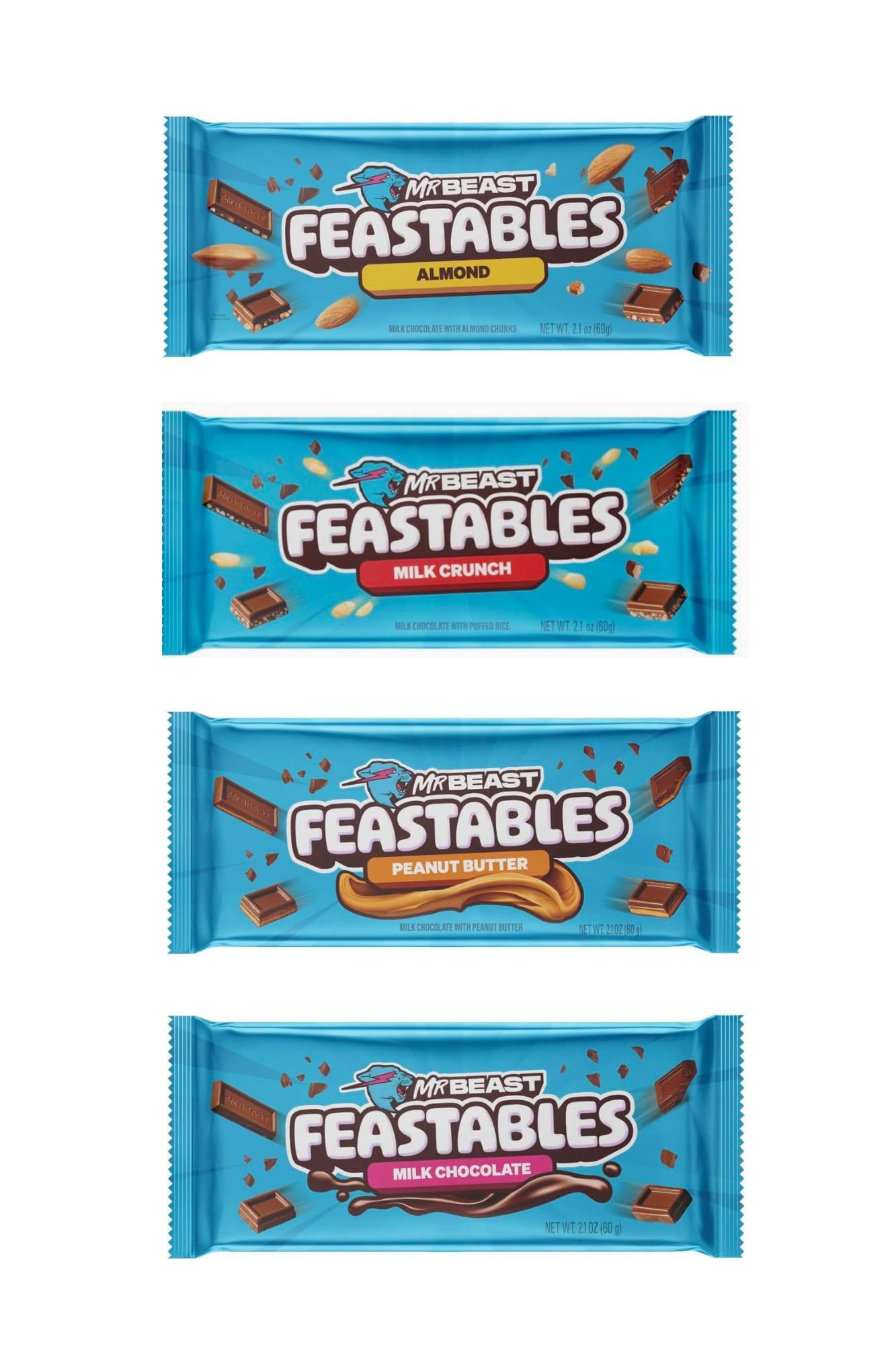 Feastables Mr Beast Chocolate Bar Chocolate en Barra - Sabores Surtidos 60gr c/u 4pzas (NUEVA IMAGEN)