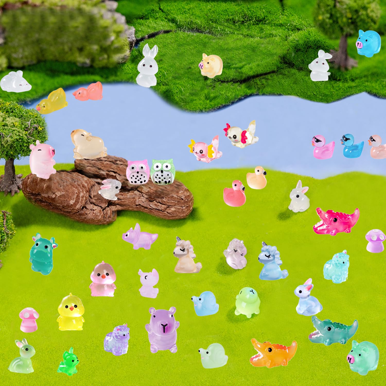 U-Zimikee 150 figuras luminosas de animales de resina en miniatura, pequeños animales que brillan en la oscuridad, figuras de animales pequeños para ocultar mini animales, adornos de micropaisaje,