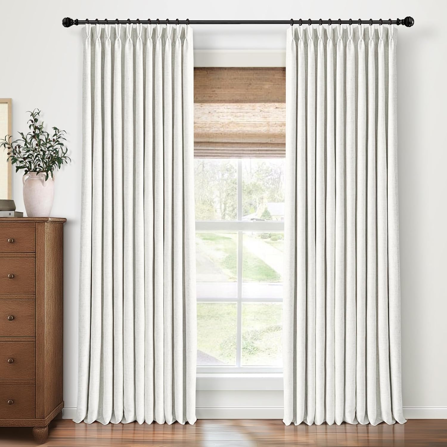 Pinch Pleated Blackout Curtains 90 Inches Long, Linen Blend, 100% Blackout Drapes with 20 Hooks, Ideal for Bedroom and Living Room, 40" W x 90" L (Pack of 2), Neutral White