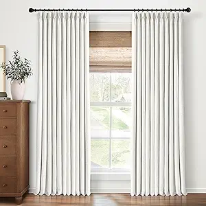 Pinch Pleated Blackout Curtains 90 Inches Long, Linen Blend, 100% Blackout Drapes with 20 Hooks, Ideal for Bedroom and Living Room, 40" W x 90" L (Pack of 2), Neutral White