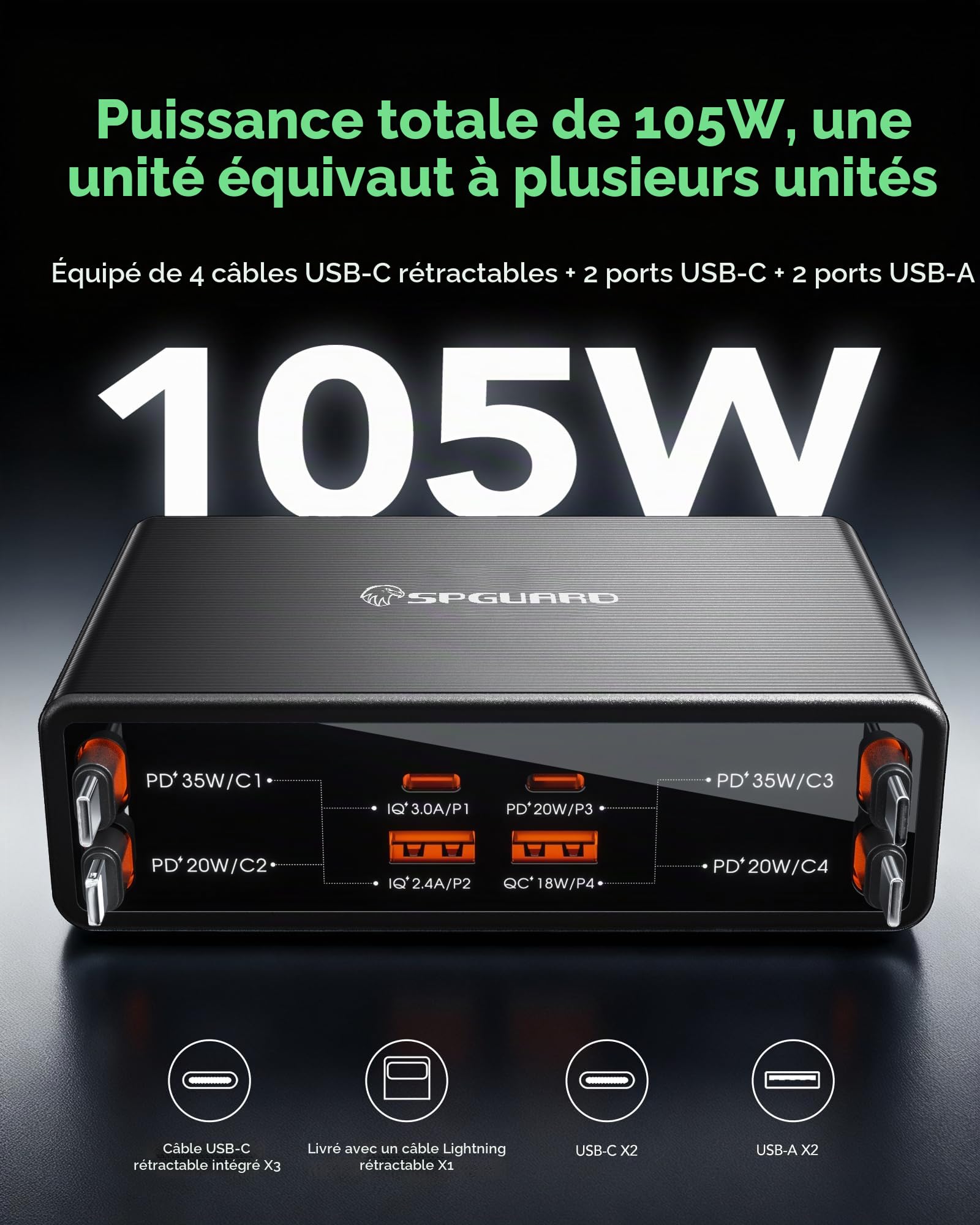 105 W 8-en-1 Charging Station USB-C rétractable avec 4 Cable rétractable | GaN USB station de chargement compatible avec de nombreux appareils: iPhone 17 Pro/17/16/15/14/iPad/MacBook/Galaxy/Pixel