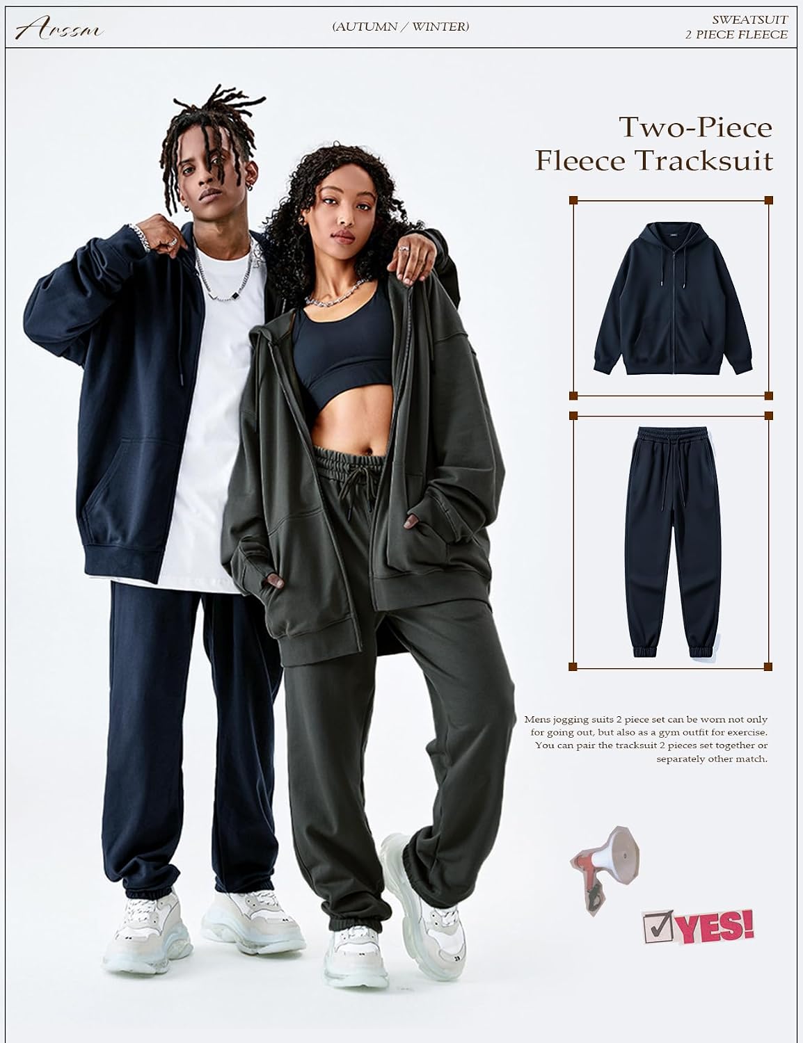 Arssm Mens Sweatsuit 2 Piece Fleece Lined Oversized Tracksuits image 4