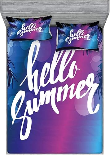 Ambesonne Hello Summer Fitted Sheet & Pillow Sham Set, Vivid Colors of The Night with Palm Tree Silhouettes and Ocean Waves Retro, Decorative