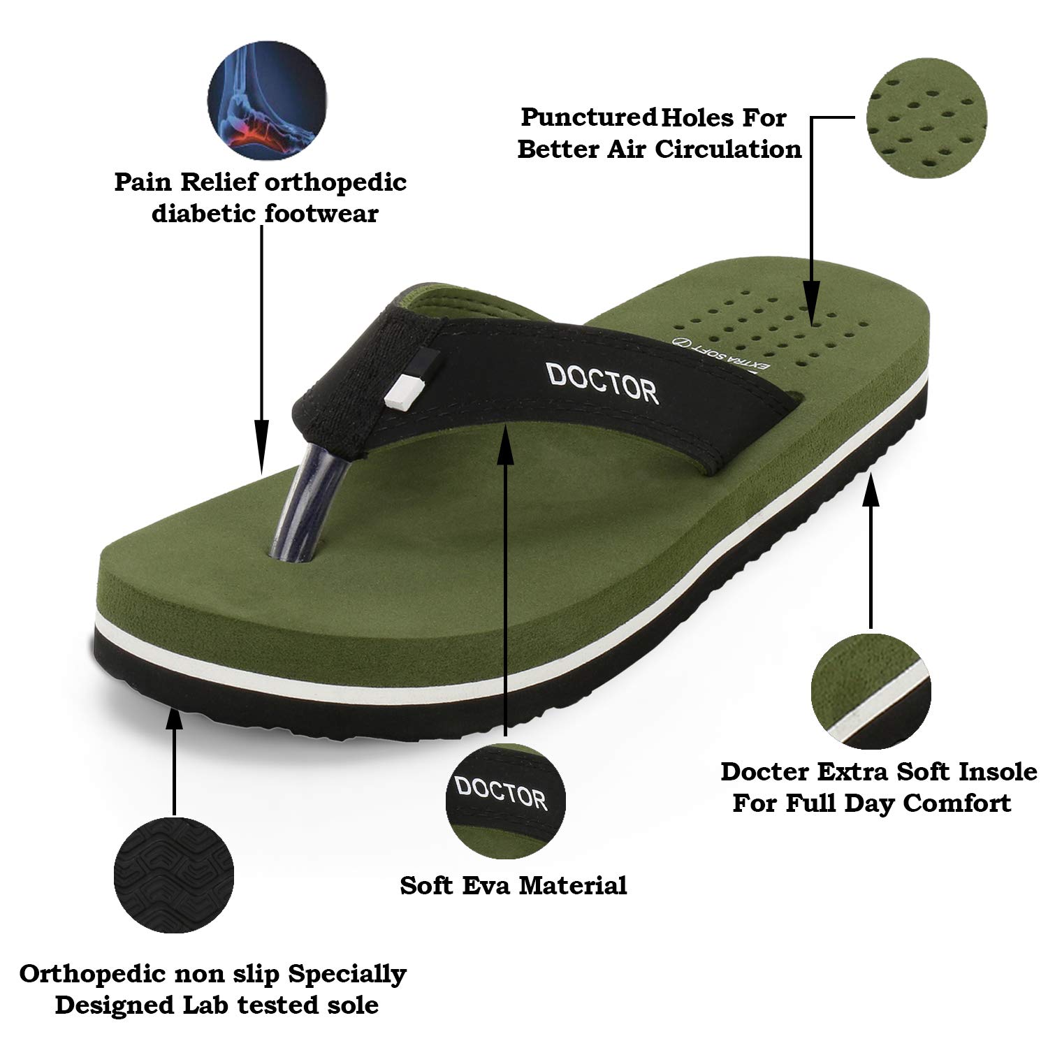 DOCTOR EXTRA SOFT Slipper Care Orthopaedic and Diabetic Comfort Doctor Slipper, Dr. Slipper, Flip-Flop, Slides and House Slipper for Men's D-24-Olive-5 UK
