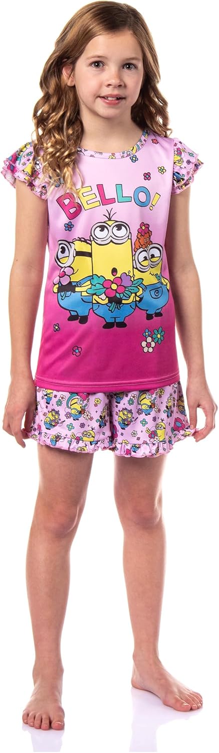 INTIMO Despicable Me Girls' Flower Bello! Minions Sleep Pajama Sleep Set Shorts (6-6x) Pink