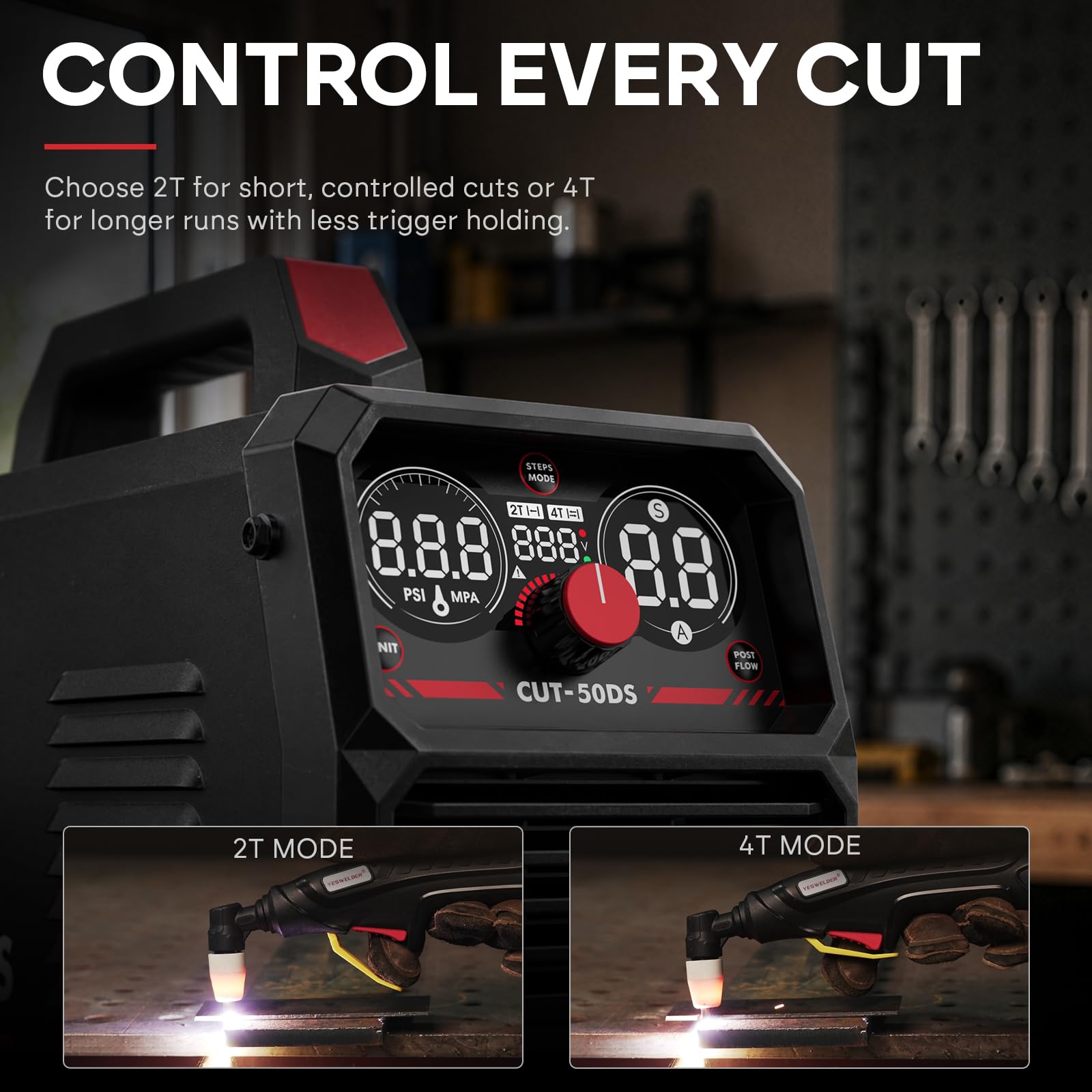 YESWELDER CUT-50DS Plasmaschneider, 50 Amp Air Power Großes Digitaldisplay 110/220 V Dual Voltage IGBT Inverter Plasmaschneidmaschine