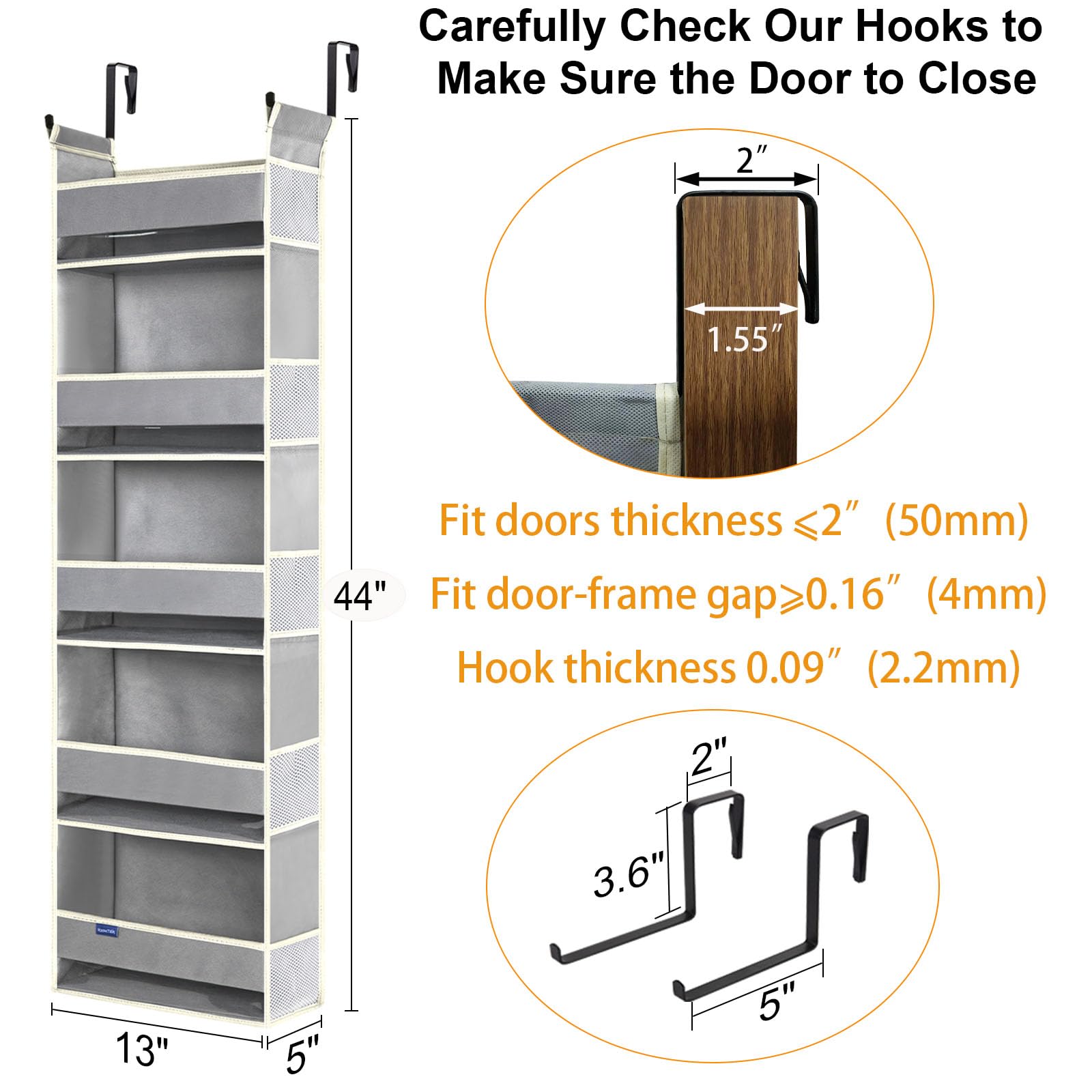 Organizador sobre la puerta, 5 estantes y 10 bolsillos laterales, almacenamiento sobre la puerta para baño, dormitorio, guardería, organizador de puerta colgante para pañales de bebé y 3