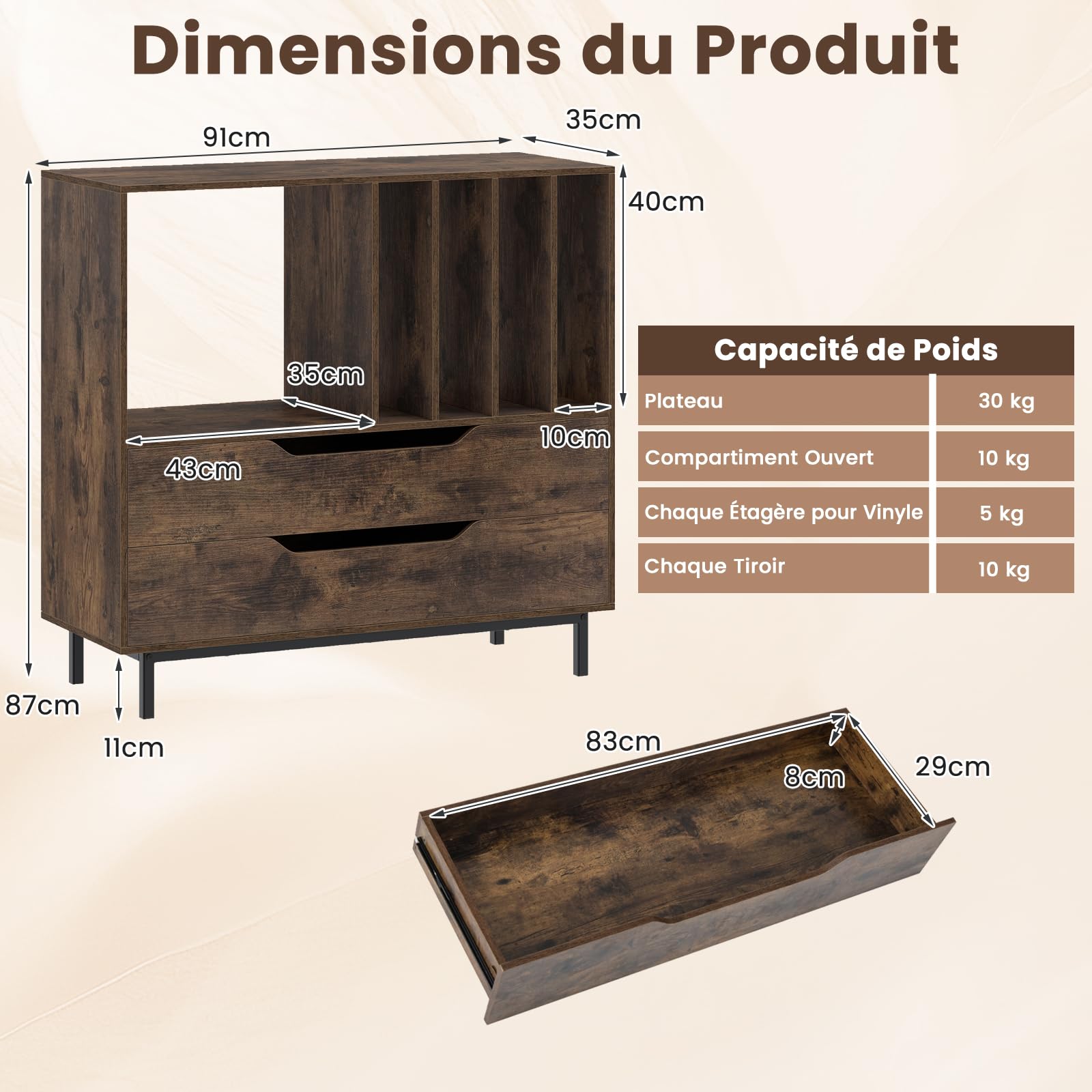GOPLUS Meuble Platine Vinyle 4 Niveaux pour 300 Albums Disques, 91 x 36 x 87 CM, Support Tourne Disque Vinyle avec 2 Tiroirs, Compartiment Ouvert, Cadre Métal, Idéal pour Chambre, Salon, Studio (Café)