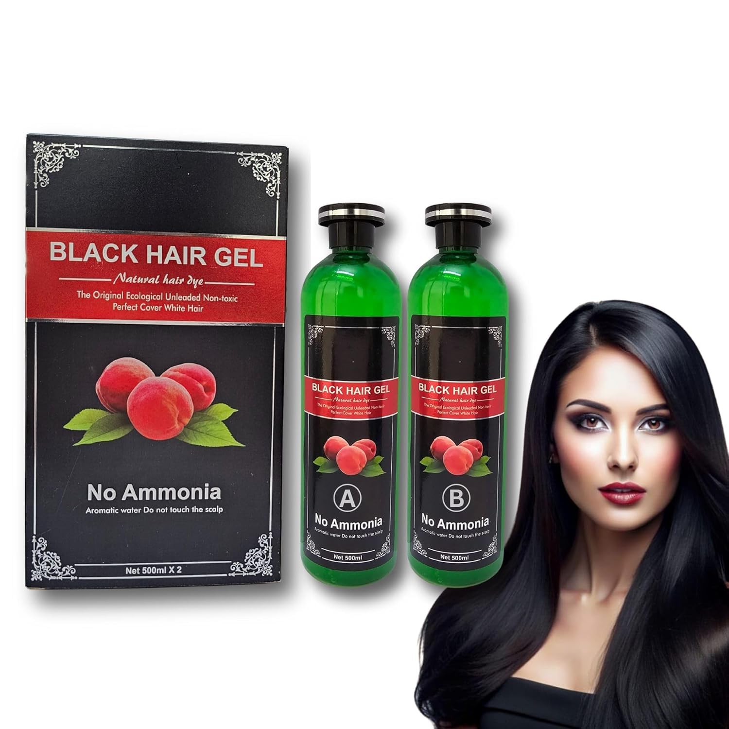 Black Hair Gel Dye Set for Grey Hair Coverage, No Ammonia Hair Coloring Gel with A & B Bottles (Black, 1000ml (500ml X 2))-picture-48