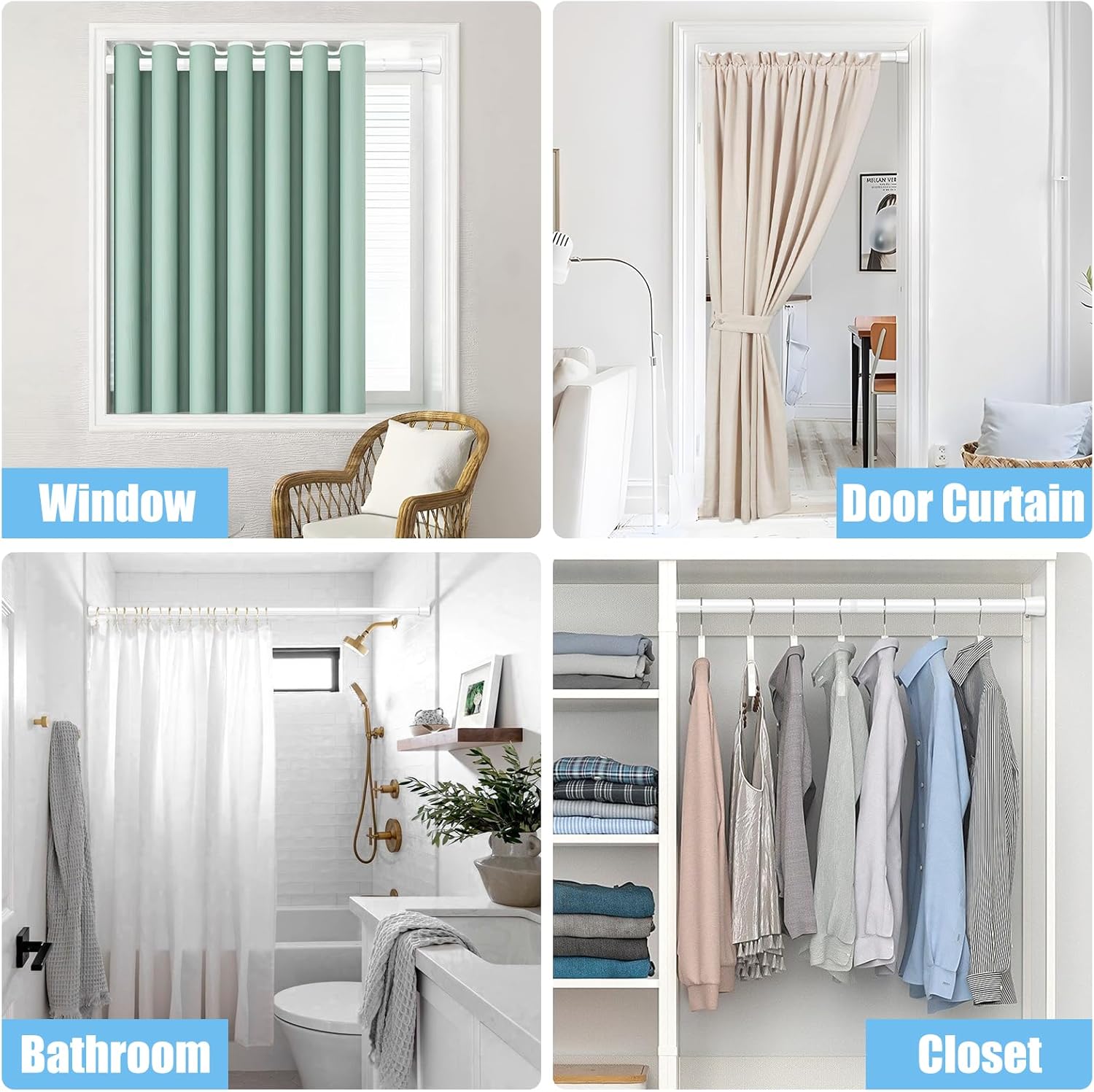 2Pcs Tension Curtain Rods for Windows 28 to 48 Inch, 7/8“ Diameter Spring Loaded Curtain Rod Adjustable Small Curtain Rods No Drilling Tension Rod for Door, Bathroom, Kitchen, White