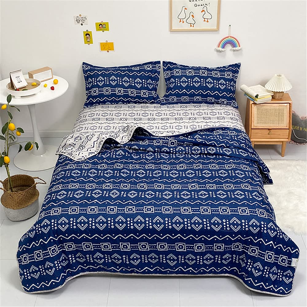 Surwin Geometric Blue Microfiber Quilted Bedspread Single Double King Size Bed, Fashion Simplicity Printed Coverlets Quilt, Soft Lightweight Easy Care Sofa Throws Patchwork Blanket (,150X200cm)