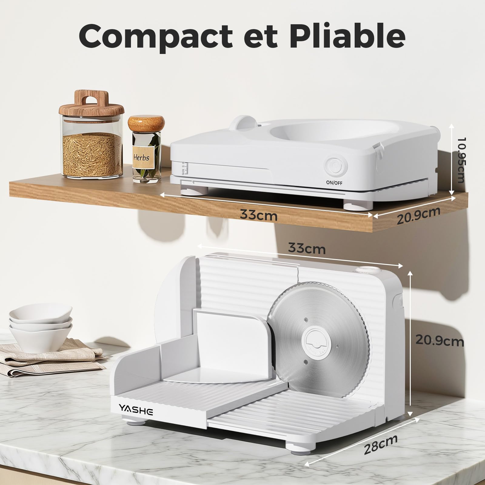 YASHE Trancheuse Électrique Pliable, 180W Trancheuse à Jambon, Lame Inox 17 cm, Épaisseur Réglable 0–15 mm, Compacte et Facile à Ranger pour Viande, Fromage, Pain, Légumes, Blanc