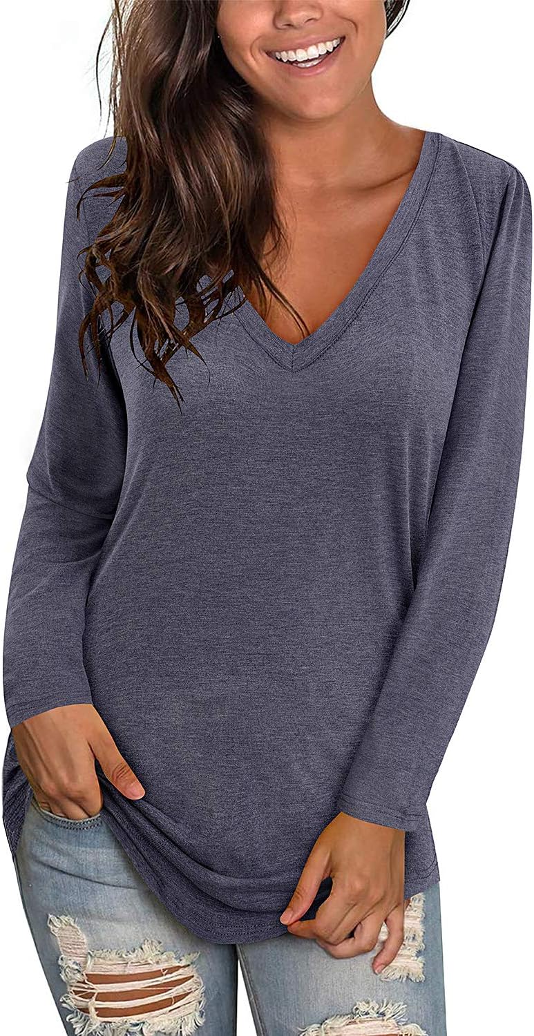 OUGESWomen's Long Sleeve Tops V Neck T Shirts Basic Plain Tunic Ladies Casual Blouse