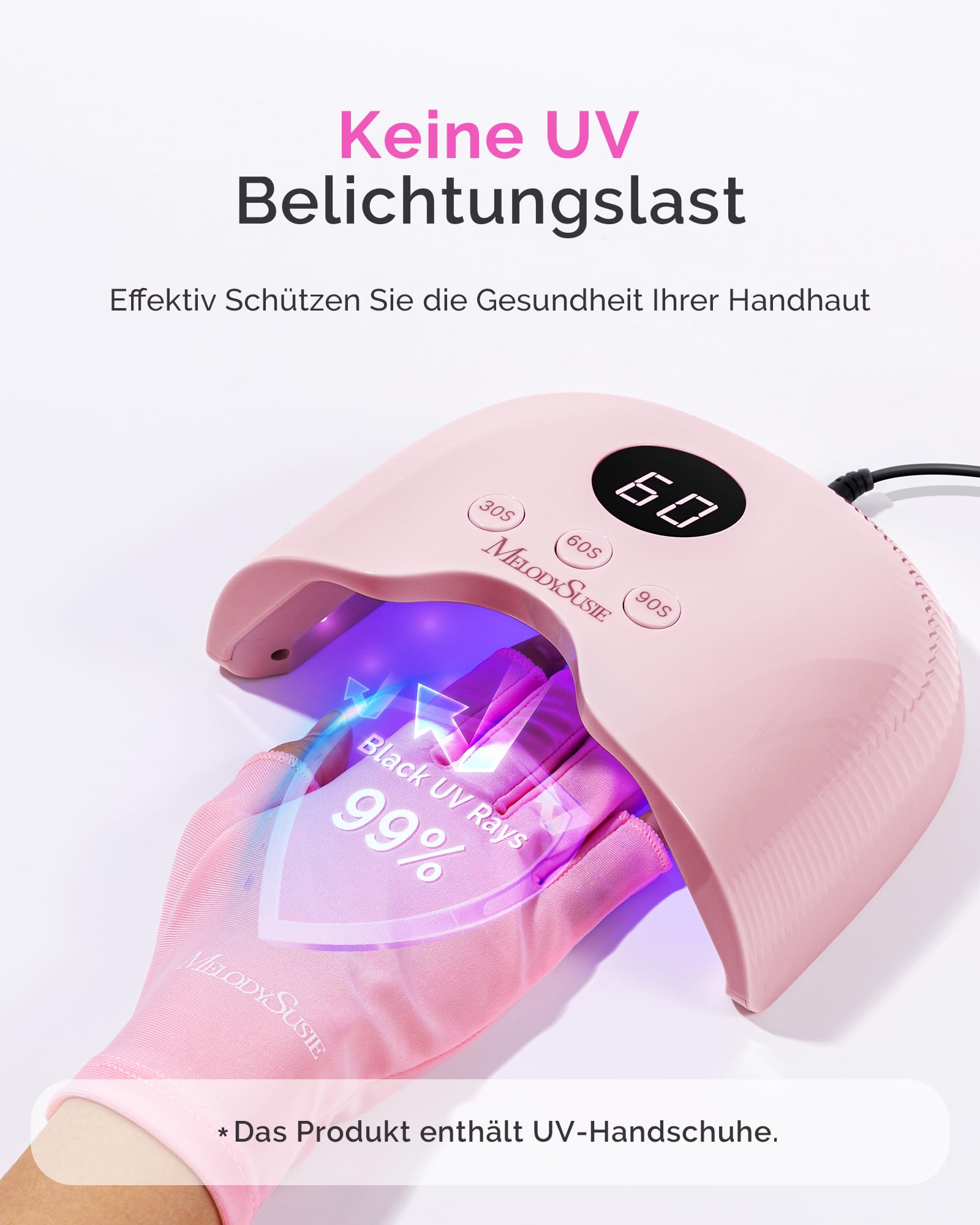 MelodySusie 24W UV Lampe für Gelnägel mit UV Schutzhandschuhe, P-PLUS30A LED Nageltrockner mit Smart Sensor & LCD Display, 3 Timer Lichthärtungsgerät für Nailart DIY Anfänger, Rosa