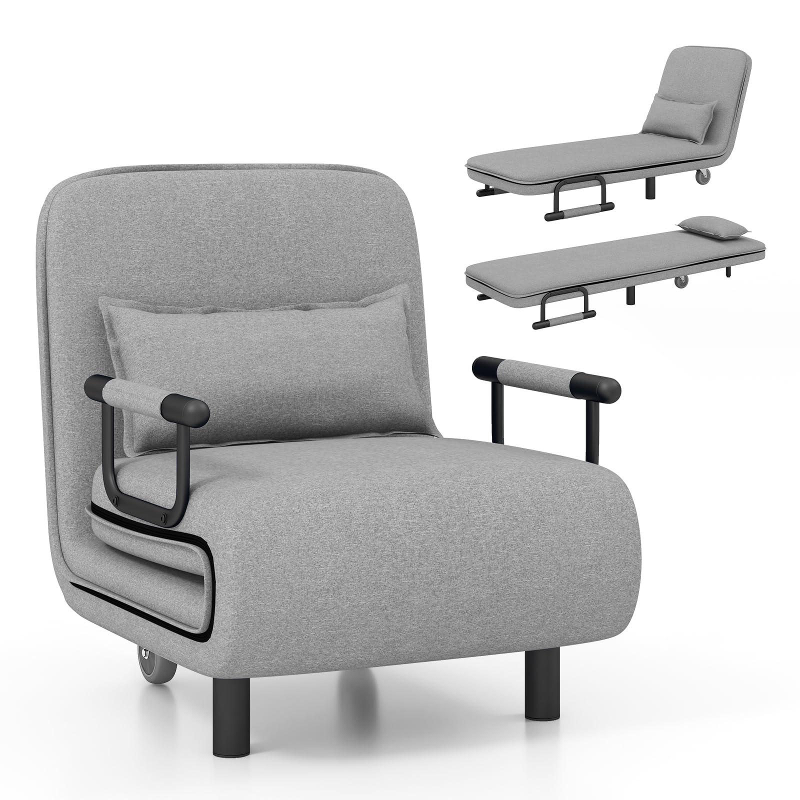RELAX4LIFE 3-in-1 Sofa Bed, Folding Recliner Sleeper with 5-Position Adjustable Backrest, Pillow & Wheels, Convertible Single Lounge Couch for Living Room Bedroom Office (Light Grey)