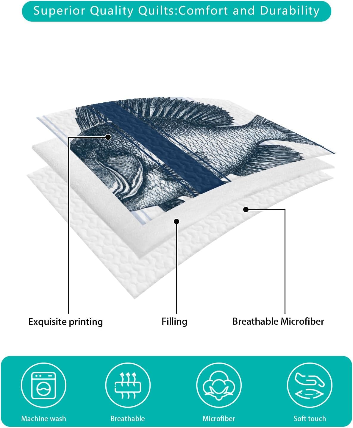 King Size Quilt Set, Ocean Fish Blue Stripe Lightweight Bedspread Coverlet Set Soft Microfiber Summer Quilt with 2 Pillow Shams, Watercolor Marine Life Line Theme 3 Piece Comforter Bedding Set