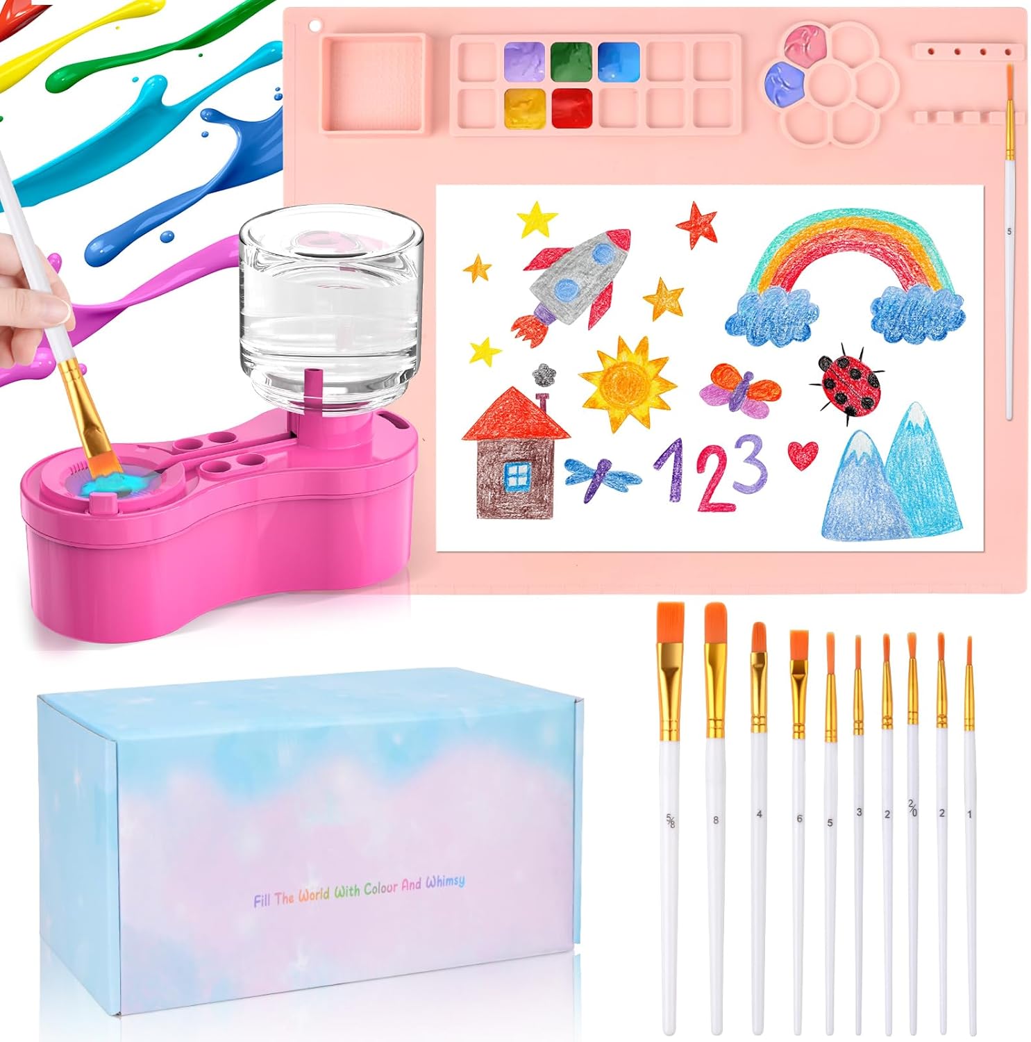 Mikiwon Painting Station, Paint Brush Cleaner and Silicone Art Mat 20"X16" with 10 Paint Brushes, Paint Brush Rinser, Art Supplies Set (Pink)