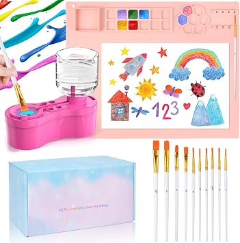 Mikiwon Painting Station, Paint Brush Cleaner and Silicone Art Mat 20"X16" with 10 Paint Brushes, Paint Brush Rinser, Art Supplies Set Pink