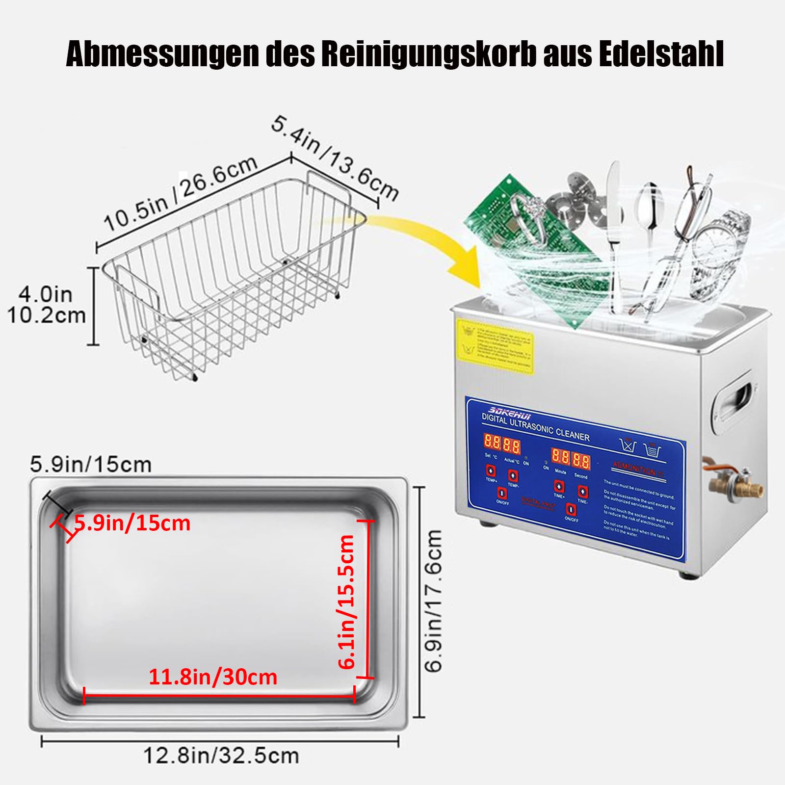 Ultraschallreiniger 6L, Reiniger ultraschallgerät Ultraschallreinigungsgerät Ultrasonic Cleaner, Heizung Digital Timer, fur glasses Jewellery False Teeth Coins, Reinigungshandschuhen Reinigungskorb