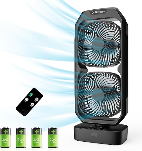 DR.PREPARE Ventilador de torre oscilante pequeño con control remoto, ventilador de escritorio con batería recargable para dormitorio, inclinación de