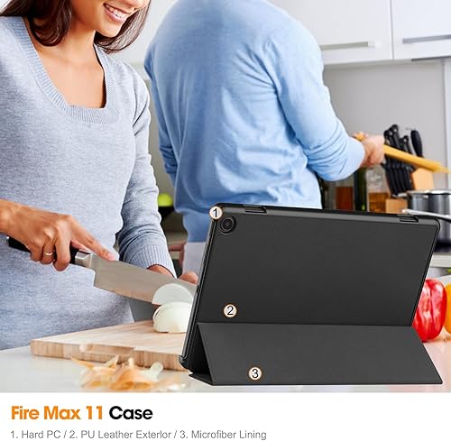 Miniatura 6 de Funda tipo folio con tapa para tablet Fire Max 11, ajuste delgado, de piel sintética de alta calidad, parte trasera dura, con función de apagado y