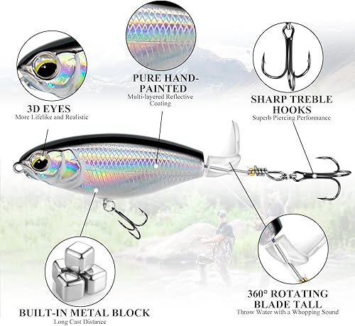 Miniatura 2 de TXRRURE Señuelos de pesca de agua superior, cebos de agua superior para señuelos de pesca de lubina, señuelos flotantes para lubina con cola