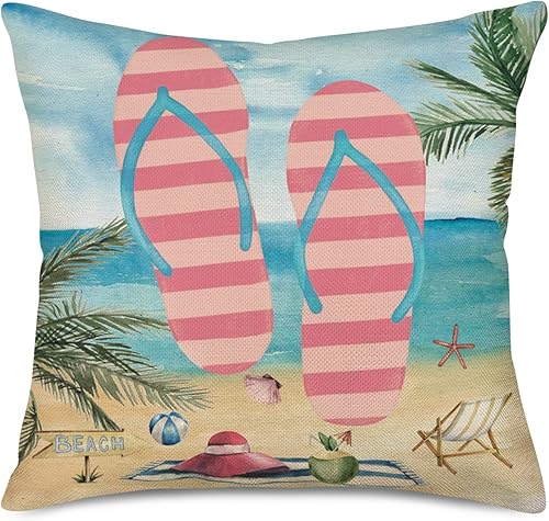 Gulidi Funda de almohada de verano rosa playa de 18 x 18 pulgadas, funda de cojín lumbar cuadrada, decoración de la casa para verano, sala de estar,