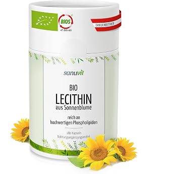 Sanuvit - Organic Sunflower Lecithin Capsules 1200 mg per Daily Dose High Dose High Bioavailability and Compatibility Vegan Made in Austria 180 Capsules