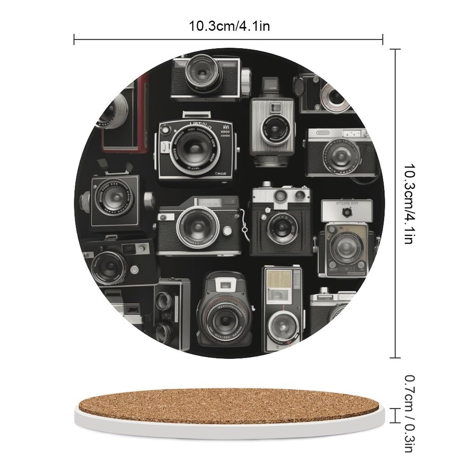 Lot de 6 dessous de verre en céramique avec dos en liège - Dessous de verre rétro cool - Collection appareil photo - Dessous de verre antidérapant rond en pierre absorbant pour types de tasses, table