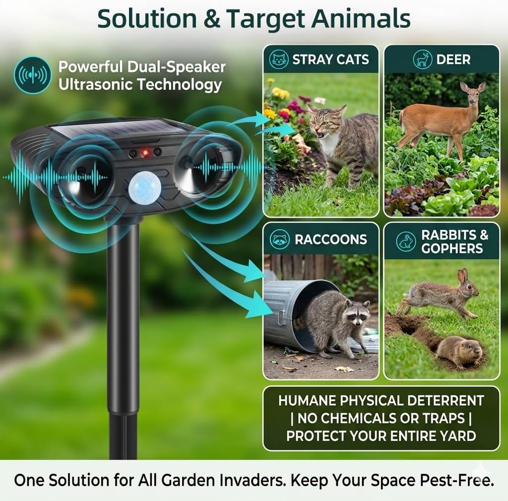 4Pack Solar Cat Repellent Ultrasonic Outdoor,2026 Ultrasonic Animal Repellent for Yard&Garden,IP65 Waterproof Motion Activated Deterrent,Animal Device to Keep Stray Cats,Deers,Raccoons Away from Lawn