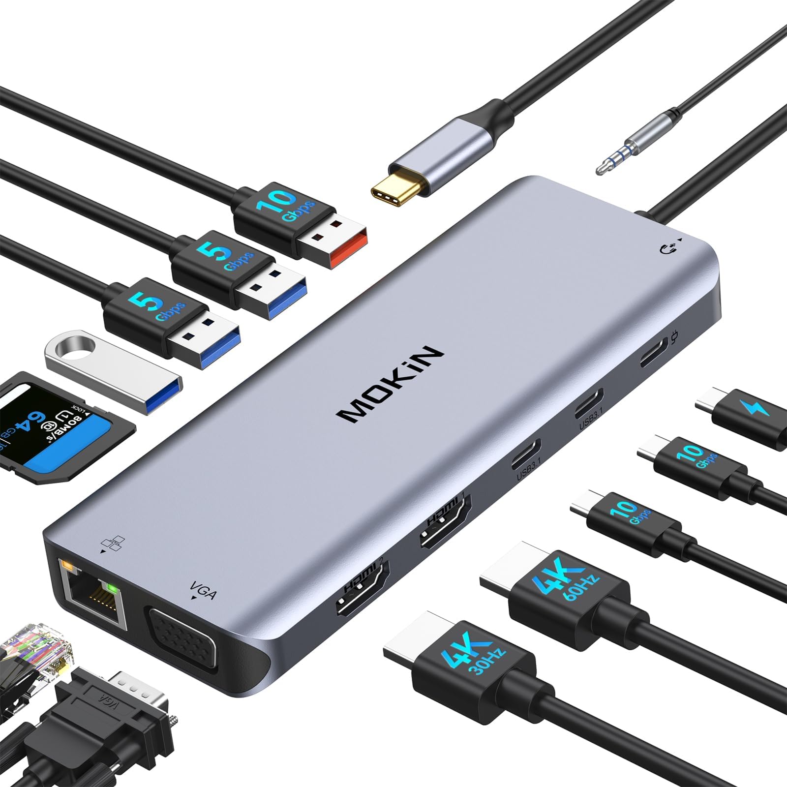 MOKiN Docking station USB C Triple Monitor, 14 in 1, Dual Monitor, Dock USB C con Dual 4K HDMI, VGA, PD 100W, Ethernet, USB 3.1-3.0-2.0, SD-TF, Audio, Hub multiporta