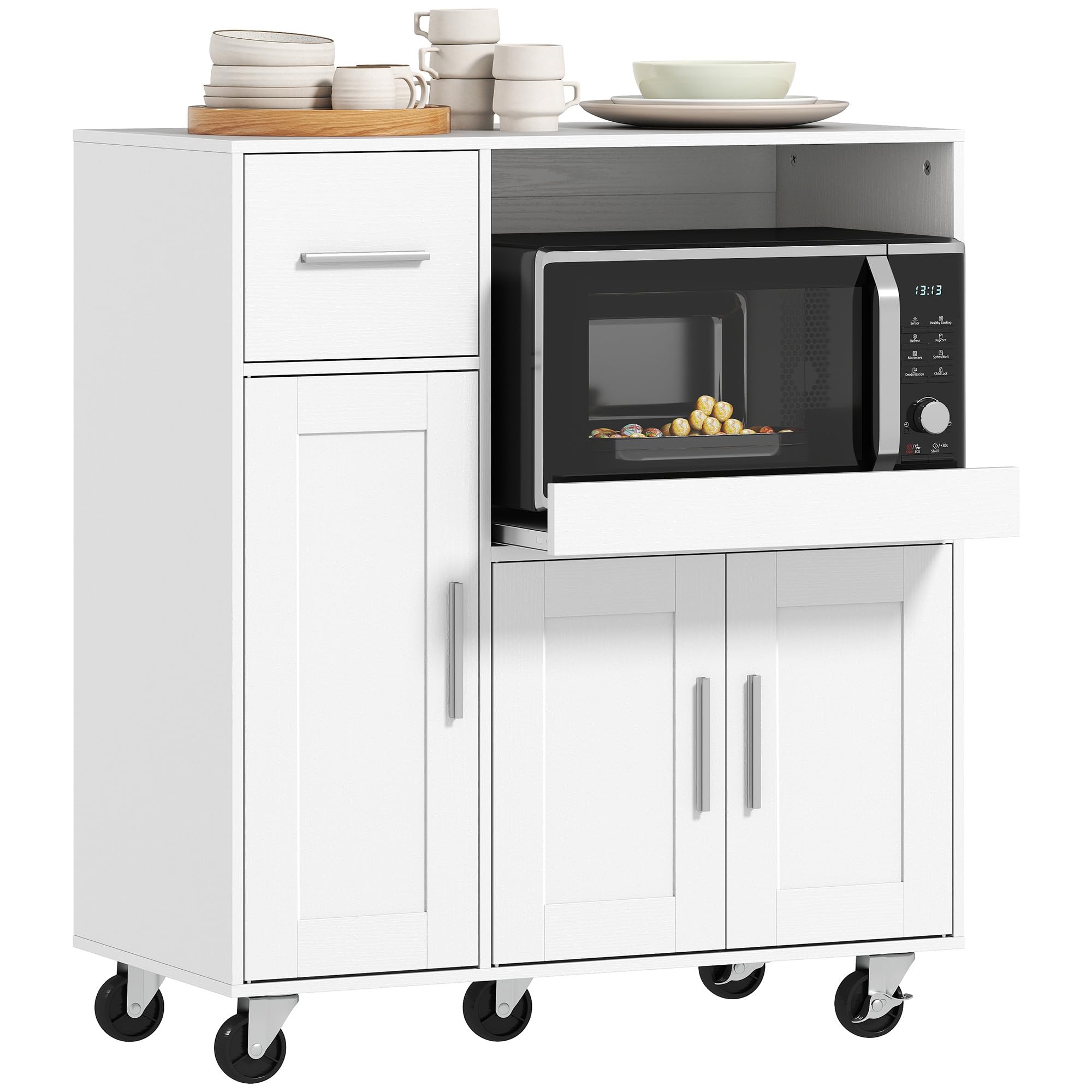 HOMCOM Rolling Kitchen Cart, Microwave Cabinet, Sliding Tray, Drawer, 3-Door Cupboards, Adjustable Shelf, Open Compartment, Kitchen Island, Dining Room, White