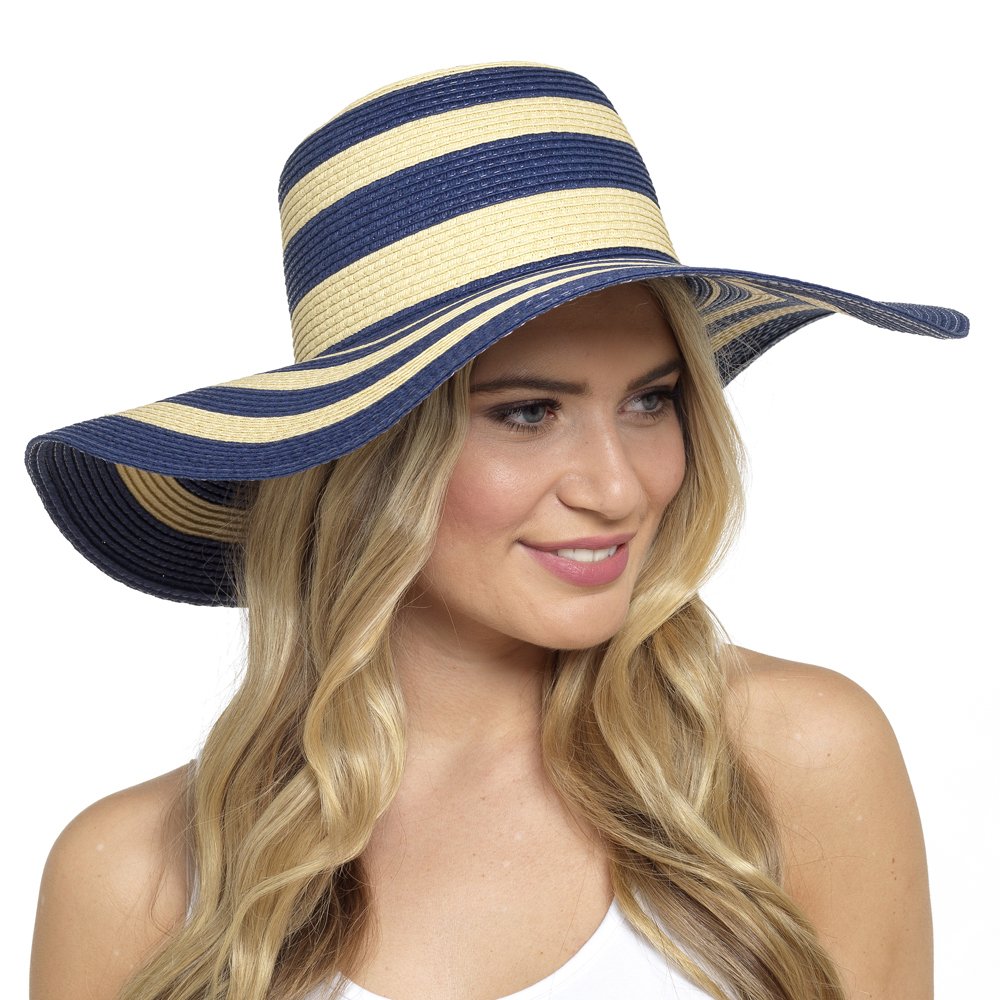 Tom Franks Women's Navy/Natural New Striped Wide Brim Floppy Sun Hat