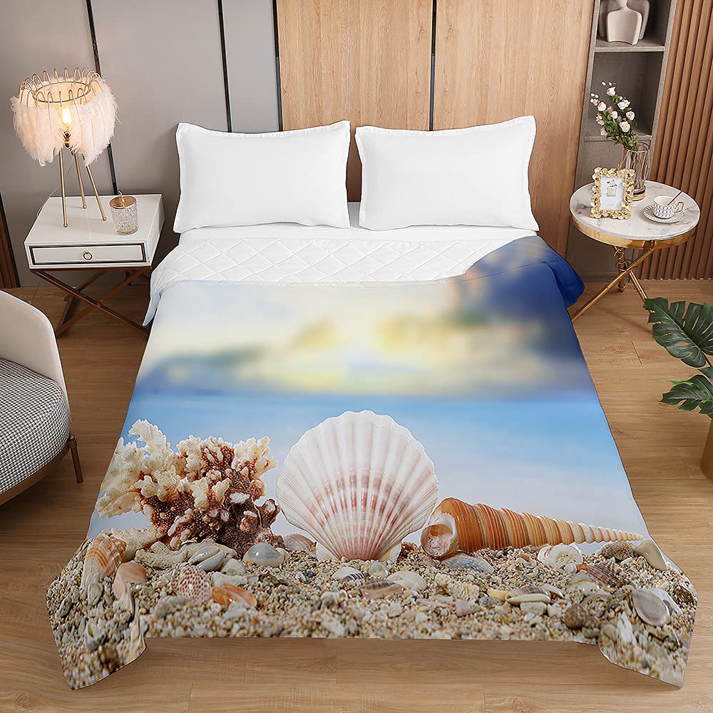 Surwin Sea Shell Embossed Quilted Bedspreads Single Double Super King Bed Size, 3D Beach Landscape Print Bedspread Quilt Sofa Throws Blanket Lightweight Coverlet Microfiber Comforter (,220X240cm)