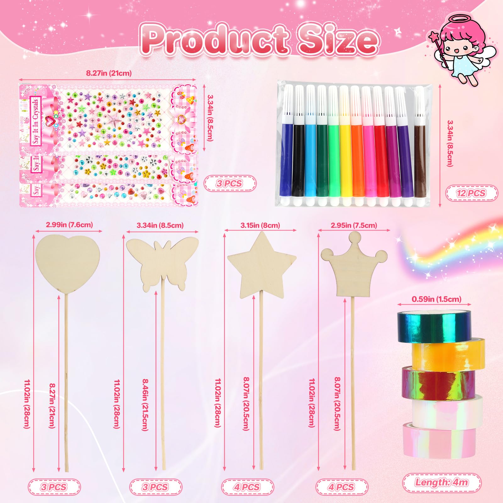 ZEFAN 14Pcs Princess Fairy Wands Kit, Wooden Craft Kits for Kids, Make Your Own Magic Wand for Kids, DIY Art and Craft Accessories for Kids Girls - Image 3