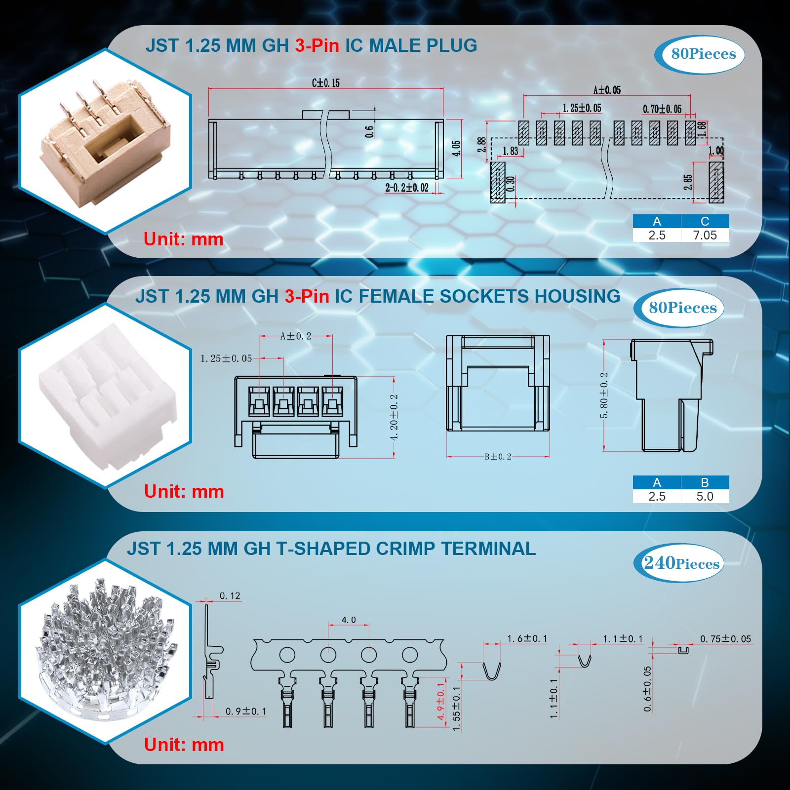 CQRobot JST GH 1,25 mm 3-pinowe złącze elektroniczne IC męskie złącze, żeńskie gniazdo i zacisk zaciskowy w kształcie litery T. 80 zestawów/400 sztuk elementów kabla adaptera ostrego drutu.