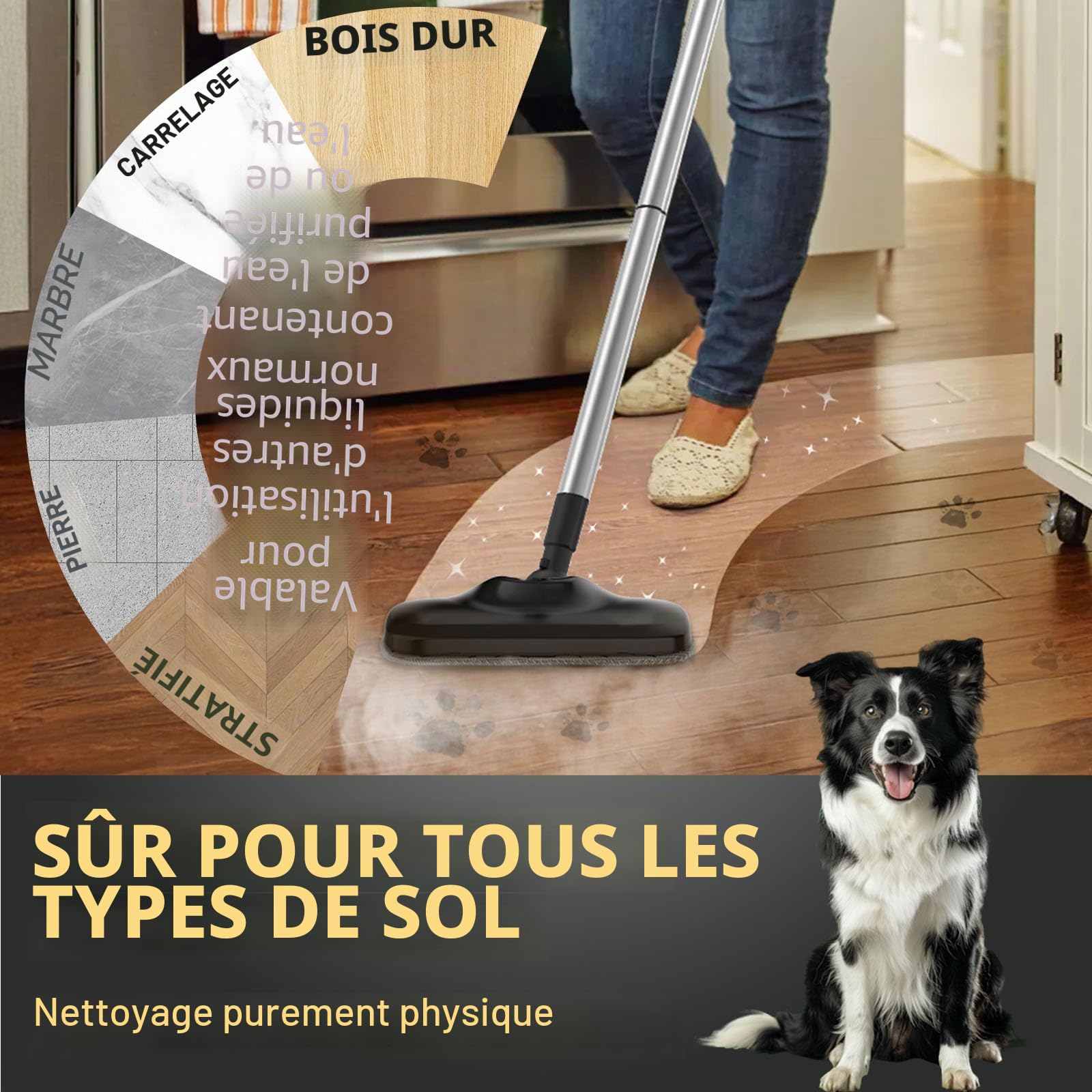 Nettoyeur Vapeur Balai Multifonctions, Chauffe Rapide 30s, 2-en-1 Balai ou Nettoyeur à Main, 2 Réglages de la Vapeur, Réservoir 240ml, 1000W, Sans Produits Chimiques, Balai Vapeur pour tous les Sols