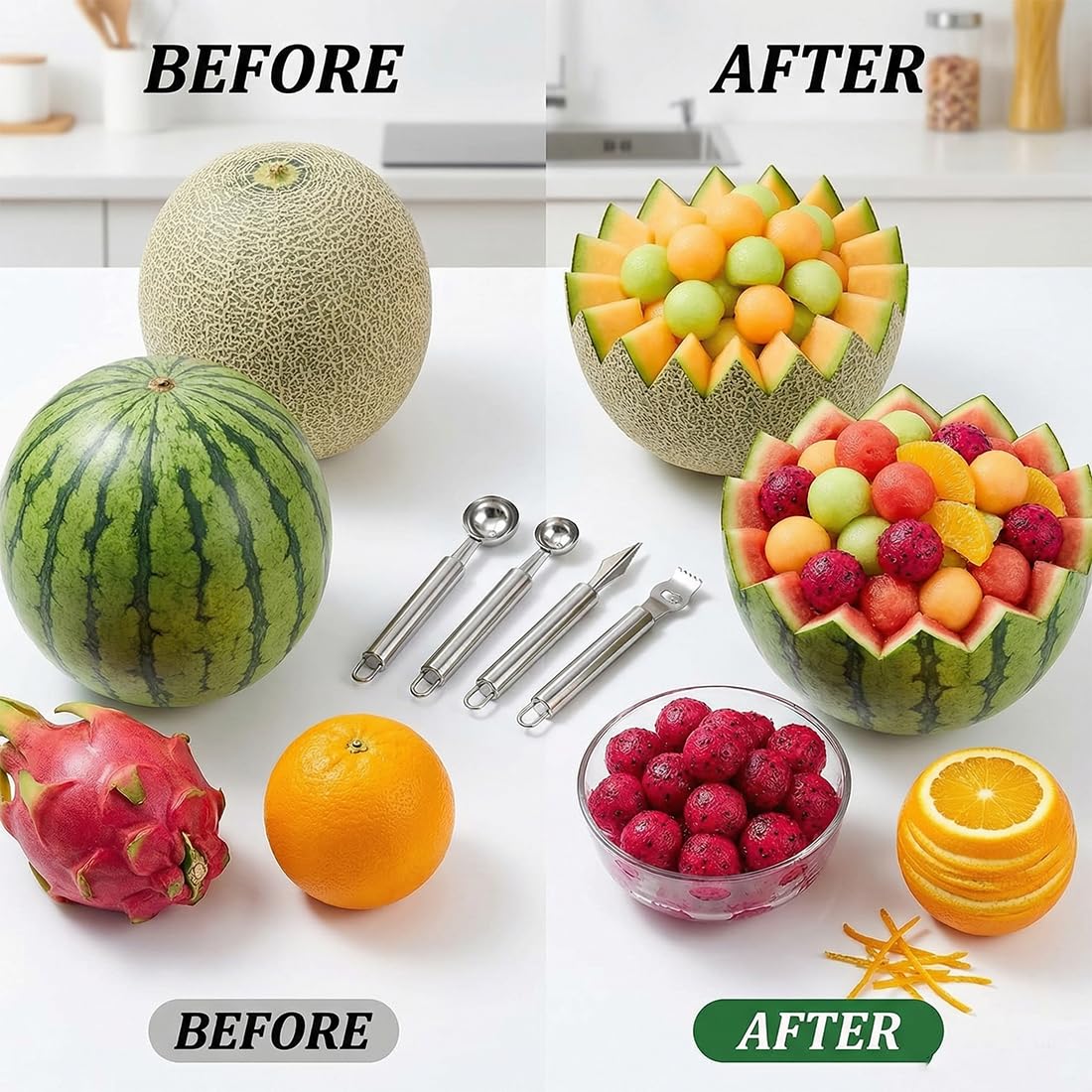 Set 4 en 1 Cuillère Parisienne à Melon Vide Pomme Denoyauteur Couteau Sculpteur Fruits Ustensile de Cuisine en Acier Inoxydable pour Faire des Billes