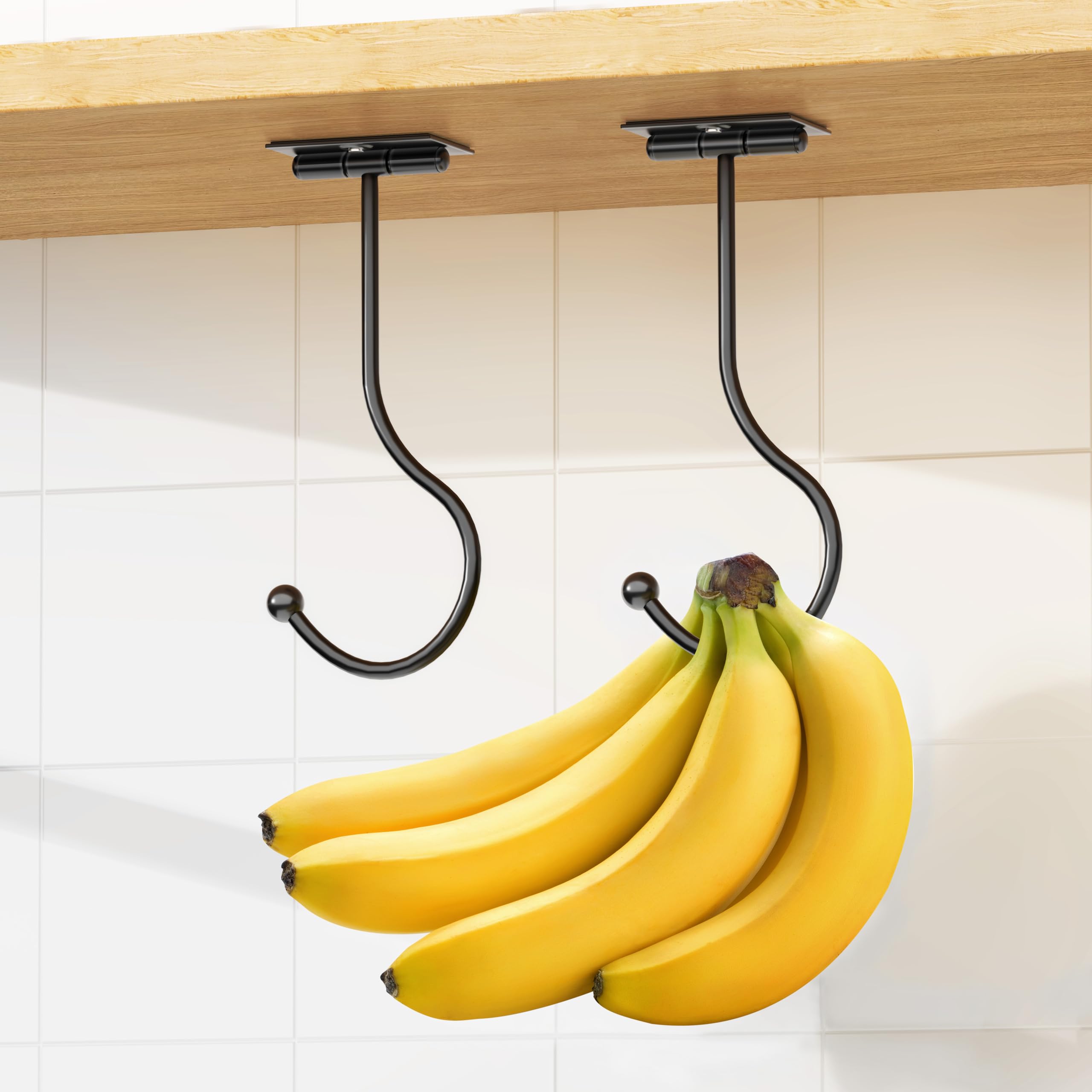 2-Pack Banana Hook: Metal Under Cabinet Hanger, Adhesive, Foldable, Magnets, Kitchen Fresh Banana Holder