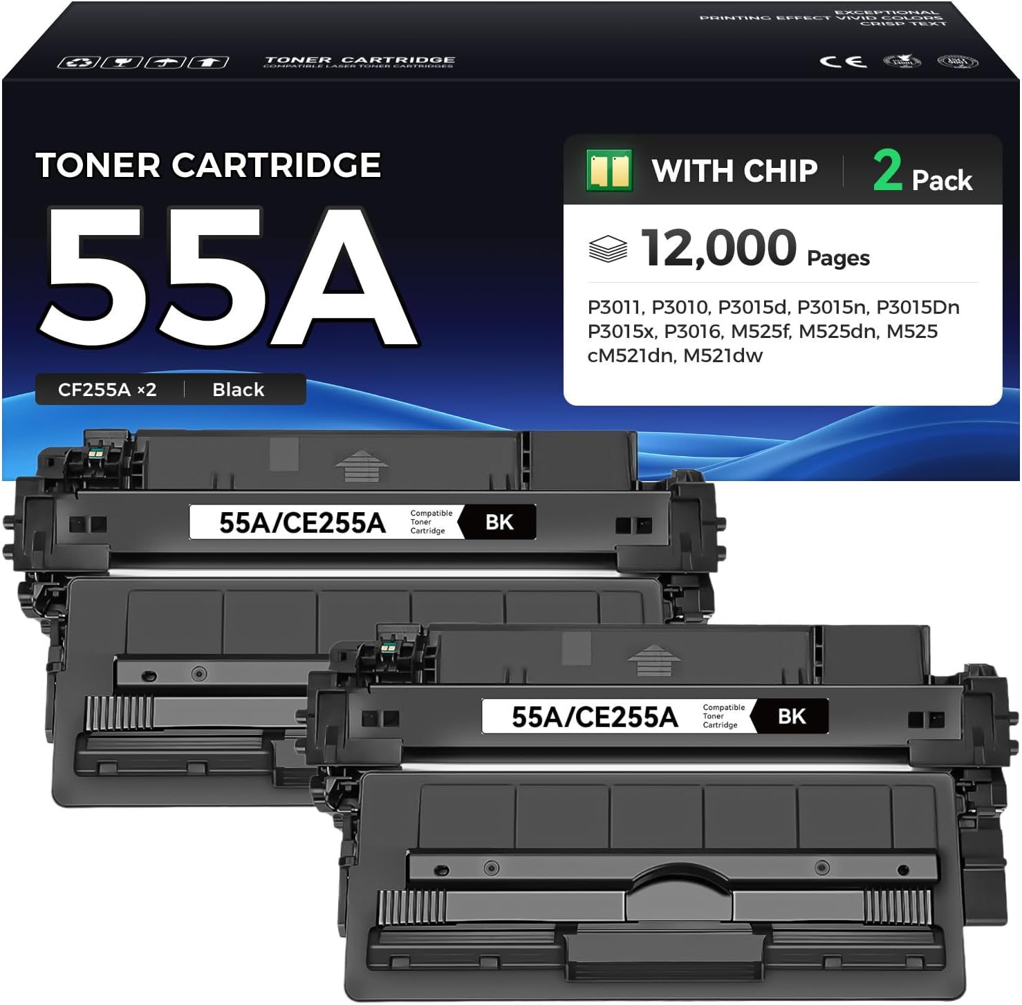 55A Toner Cartridge Black 2-Pack with Chip High Yield Replacement for HP 55A CE255A Compatible with LaserJet Enterprise 500 MFP M525dn M525f Flow M525c P3015d P3015dn P3015n P3015x Pro M521dn Printer