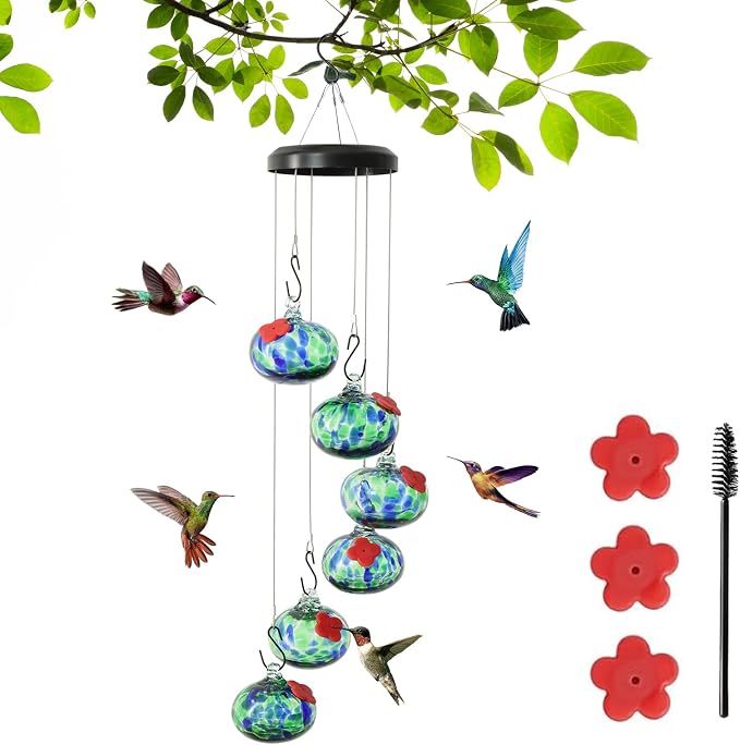 Wind Chimes Hummingbird feeders for Outdoors Hanging ant and bee Proof - Never Leak Hand Blown Glass Hummingbird Feeder - Perfect Garden Decor for Outside