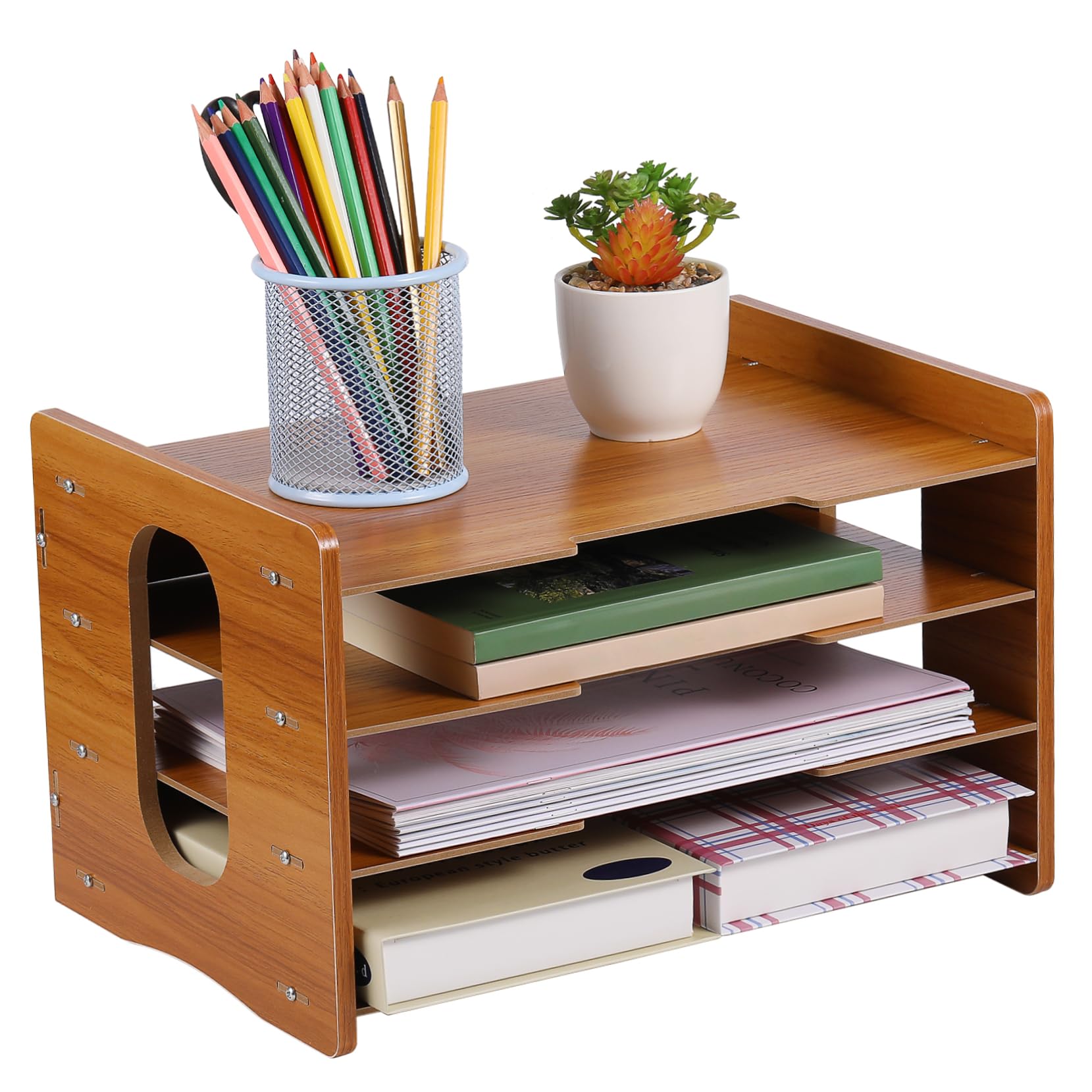 DOITOOL Organizador de Bandejas de Papel de 4 Capas en Madera | Diseño Vertical Marco, Estructura de Clasificación, Estable y Compacto para Escritorio y Hogar