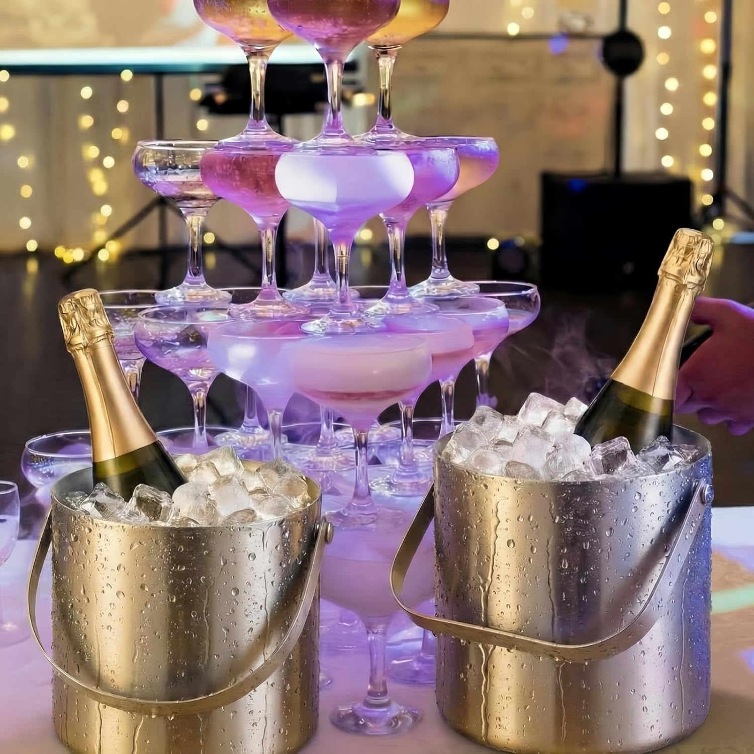 meekoo 2 Pcs 304 Stainless Steel Insulated Ice Buckets, 3.2l and 1.2l Double Wall Ice Buckets with Lids, Tongs, and Strainers, Wine Pail, for Cocktail Bars, Chilling Wine and Beverages(Flat Cover)